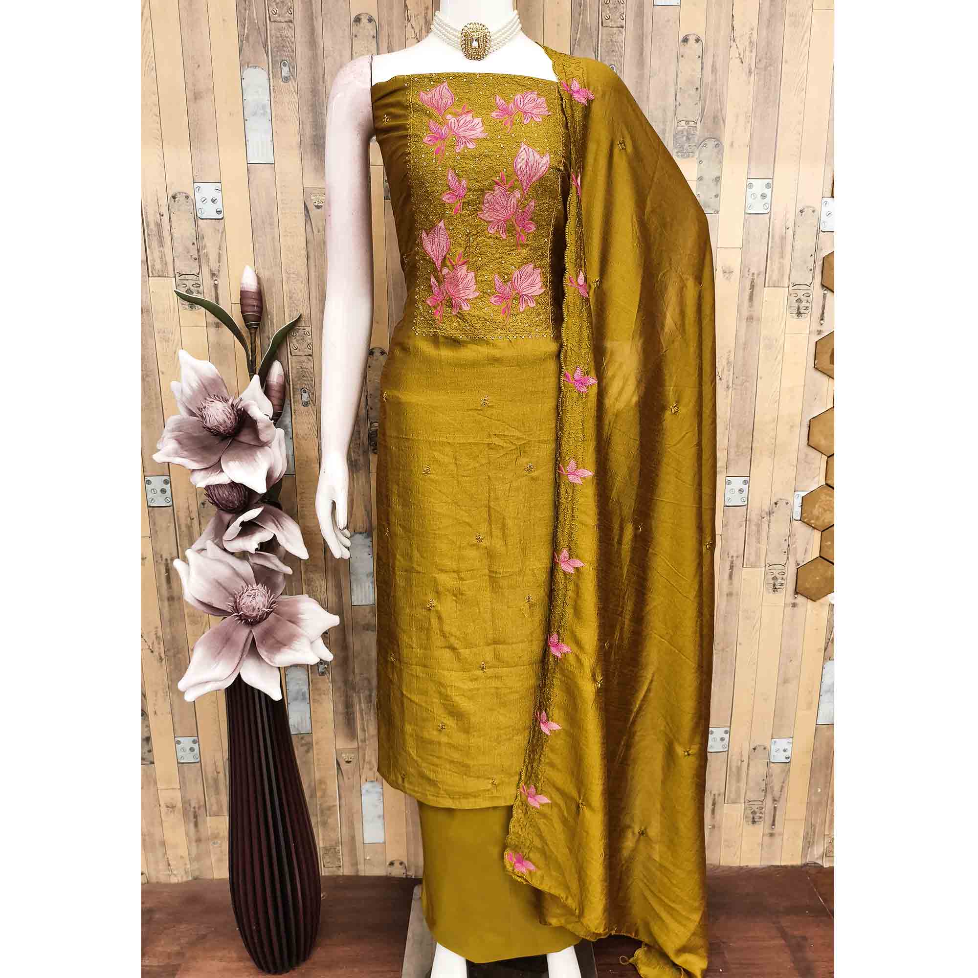 Mustard Floral Embroidered Vichitra Silk Dress Material for Elegant Ethnic Styling