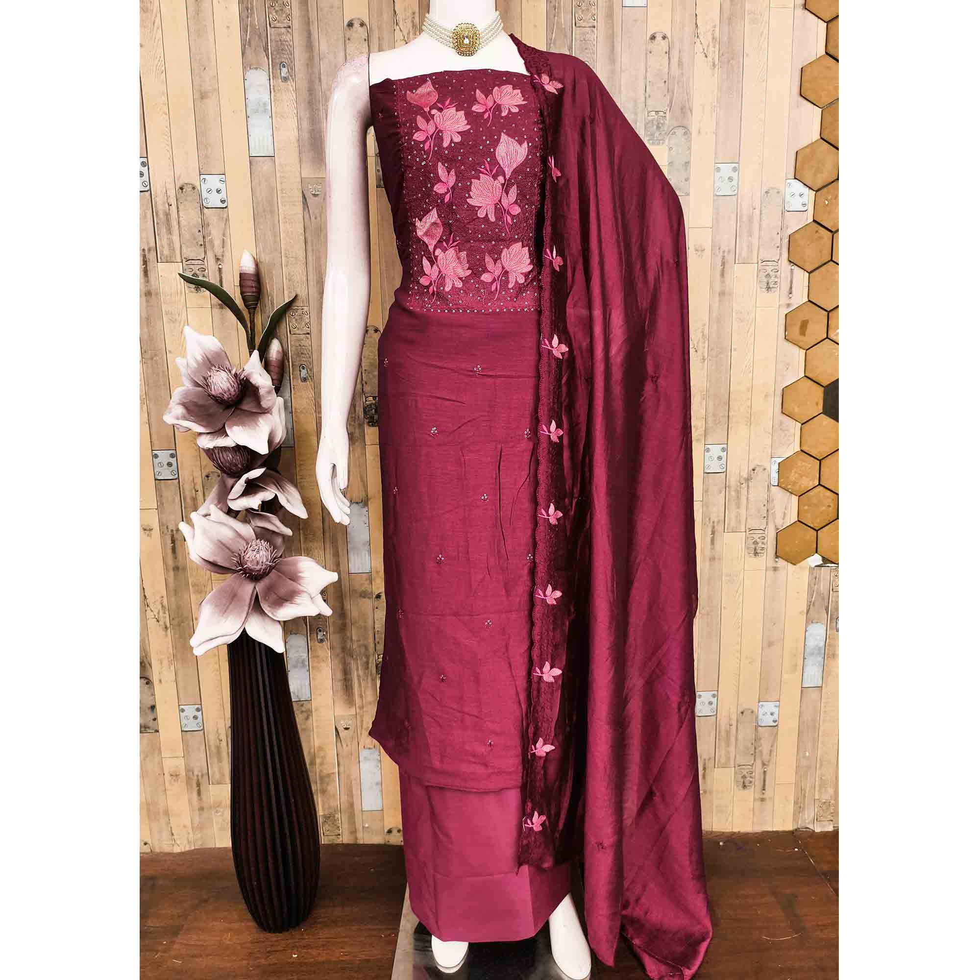 Wine Floral Embroidered Vichitra Silk Dress Material for Elegant Ethnic Styling