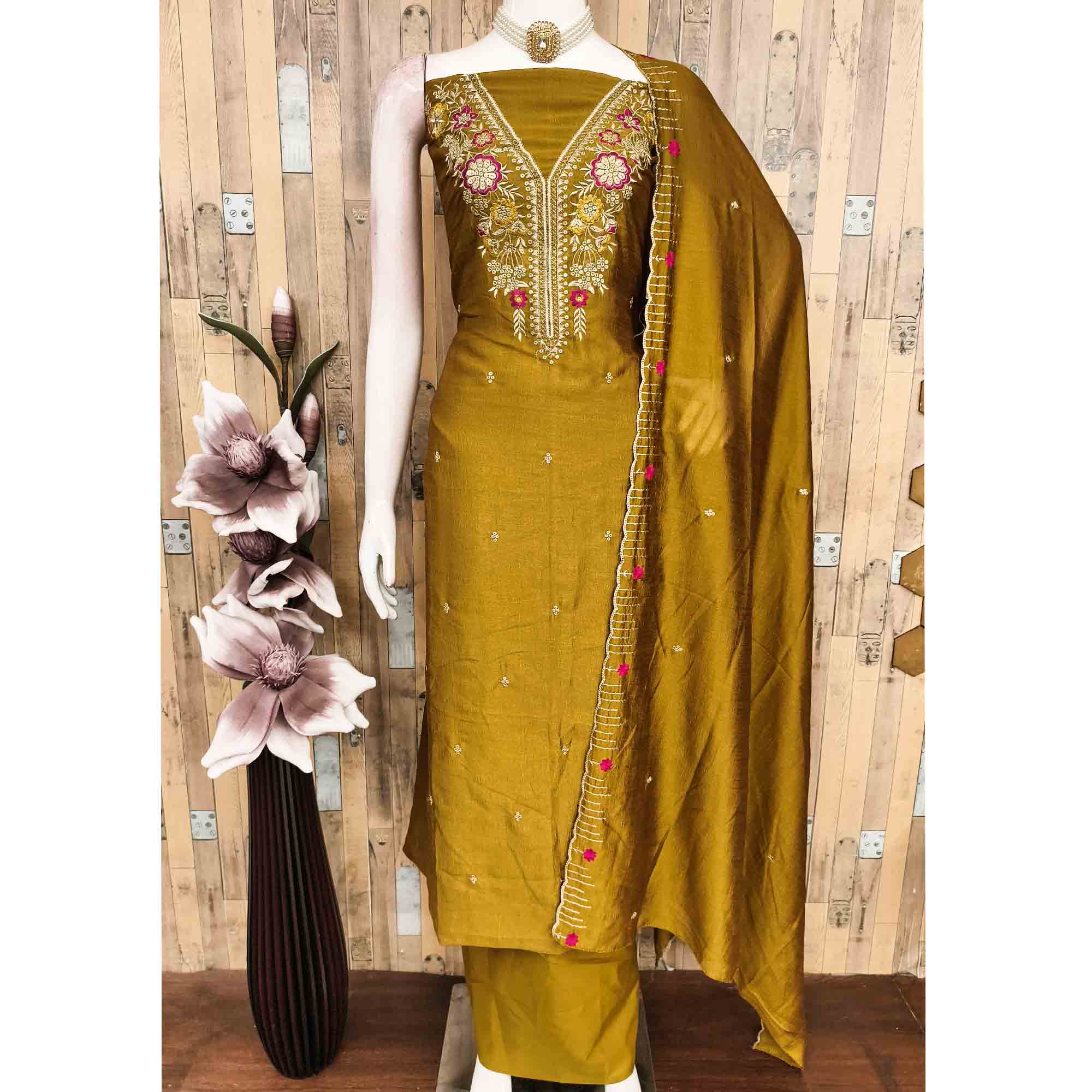 Mustard Premium Vichitra Silk Dress Material Featuring Delicate Floral Embroidered Detailing