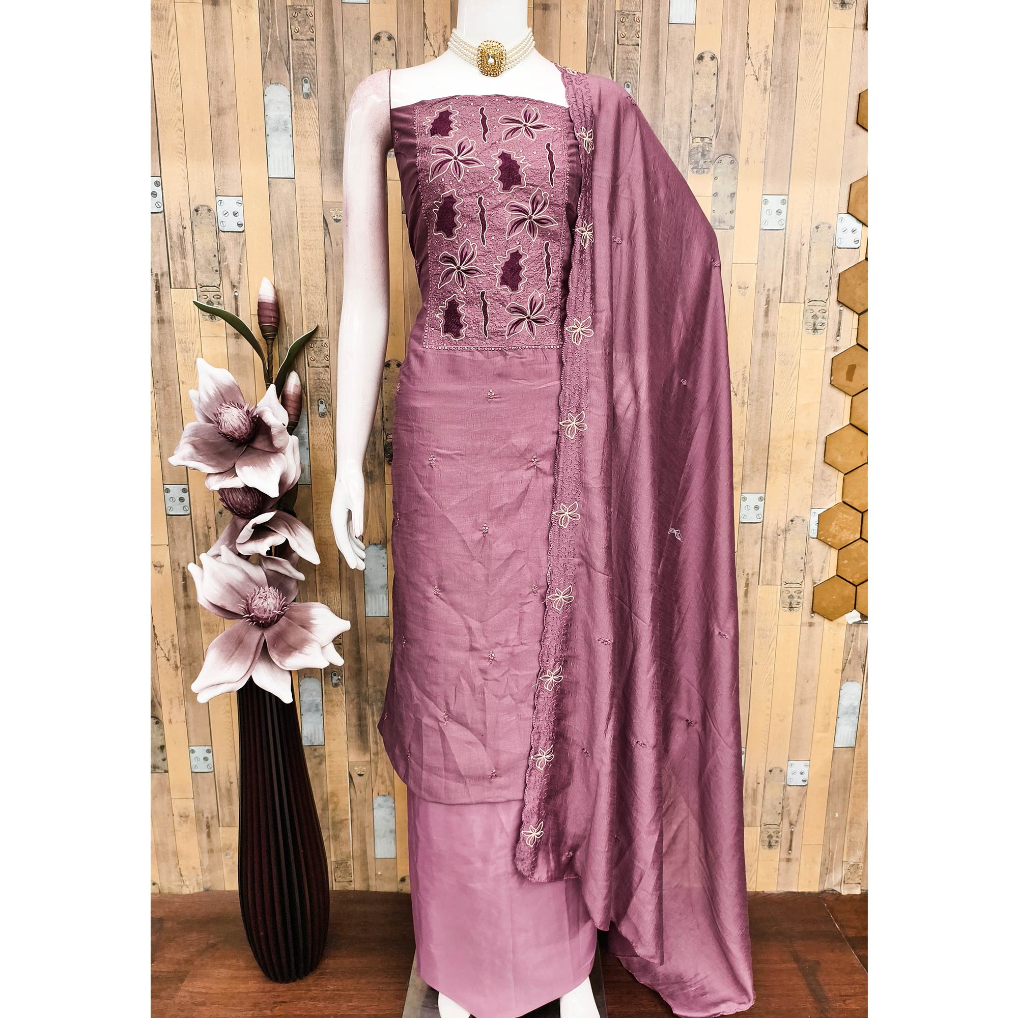 Mauve Floral Embroidery Enhanced Vichitra Silk Fabric Set for Stylish Traditional Outfits