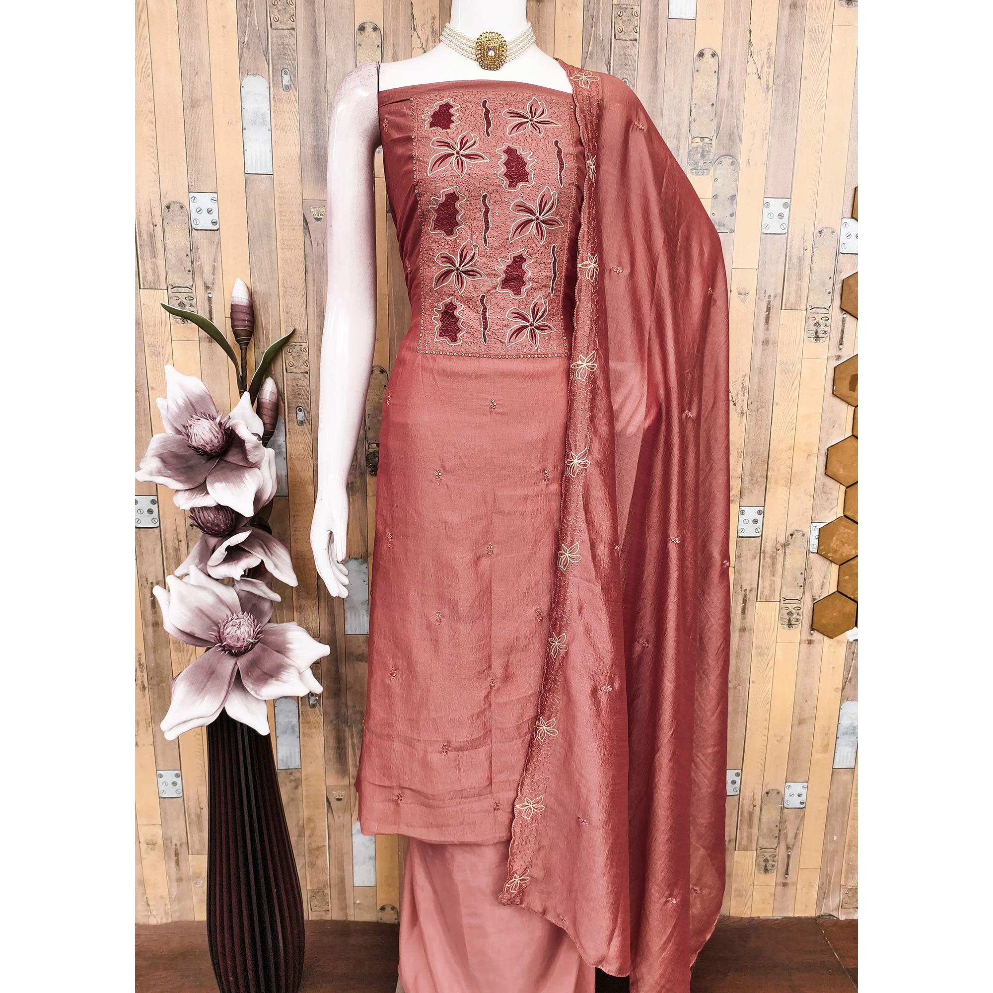 Peach Floral Embroidery Enhanced Vichitra Silk Fabric Set for Stylish Traditional Outfits
