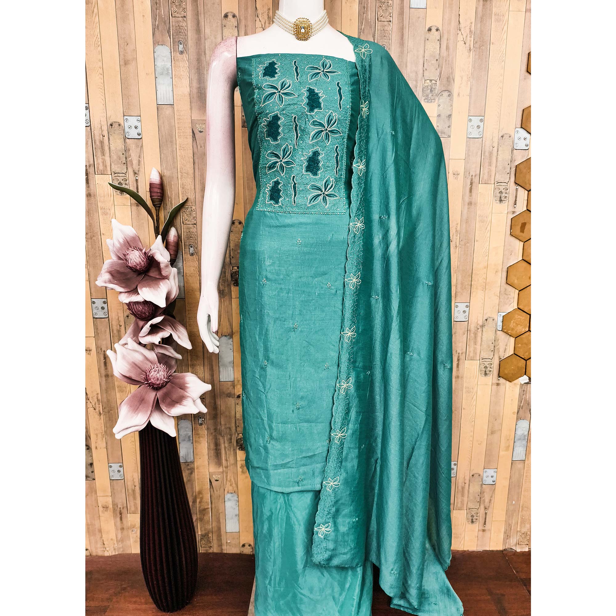 Teal Green Floral Embroidery Enhanced Vichitra Silk Fabric Set for Stylish Traditional Outfits