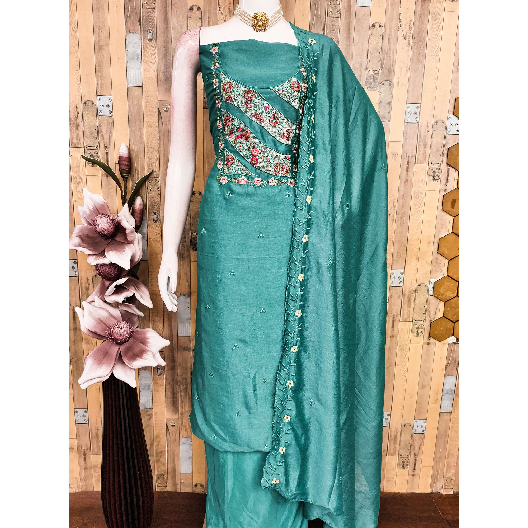 Teal Green Embellished Vichitra Silk Dress Material with Graceful Floral Embroidery Work