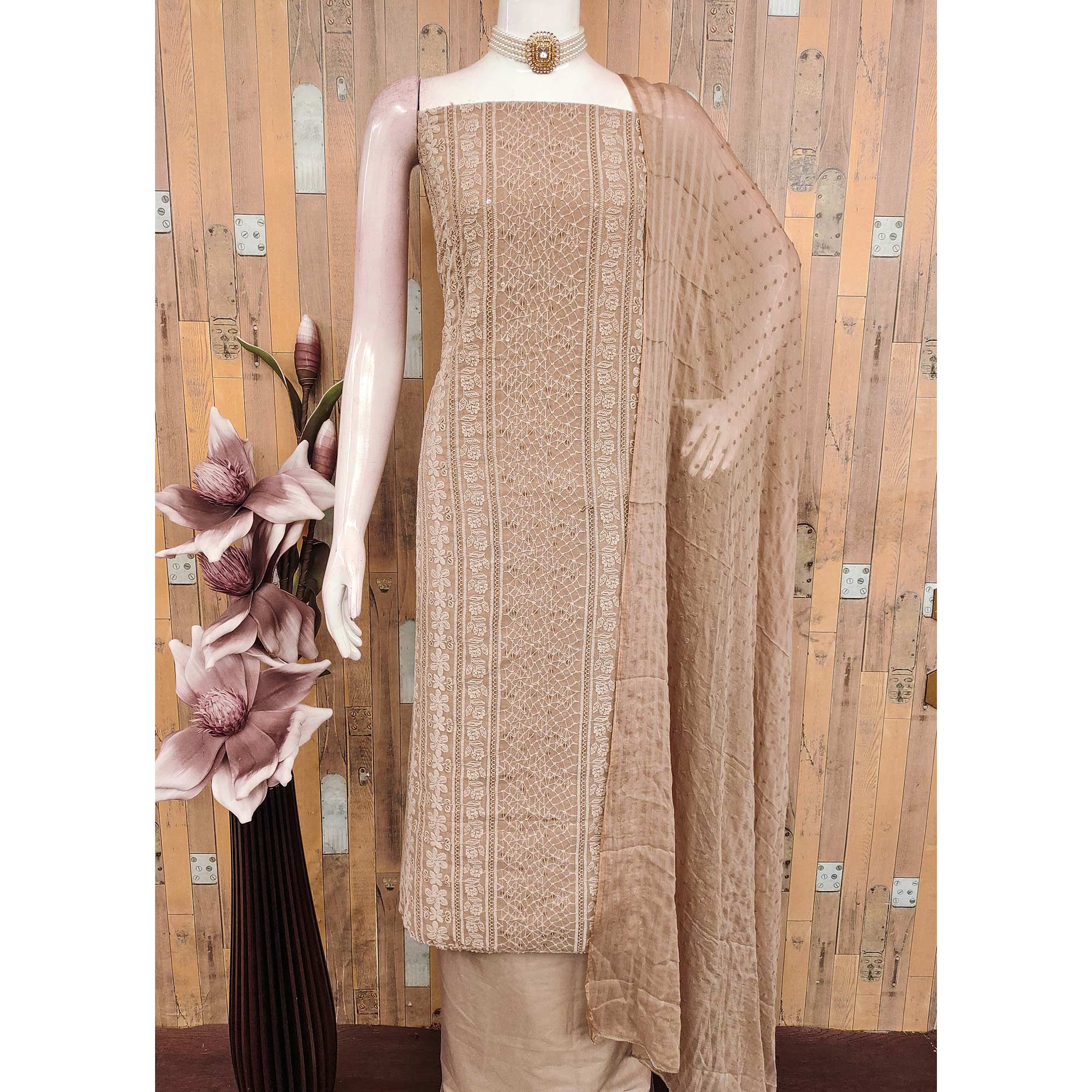 Elegant Brown Floral Embroidered Georgette Dress Material With Delicate Sequins Accents