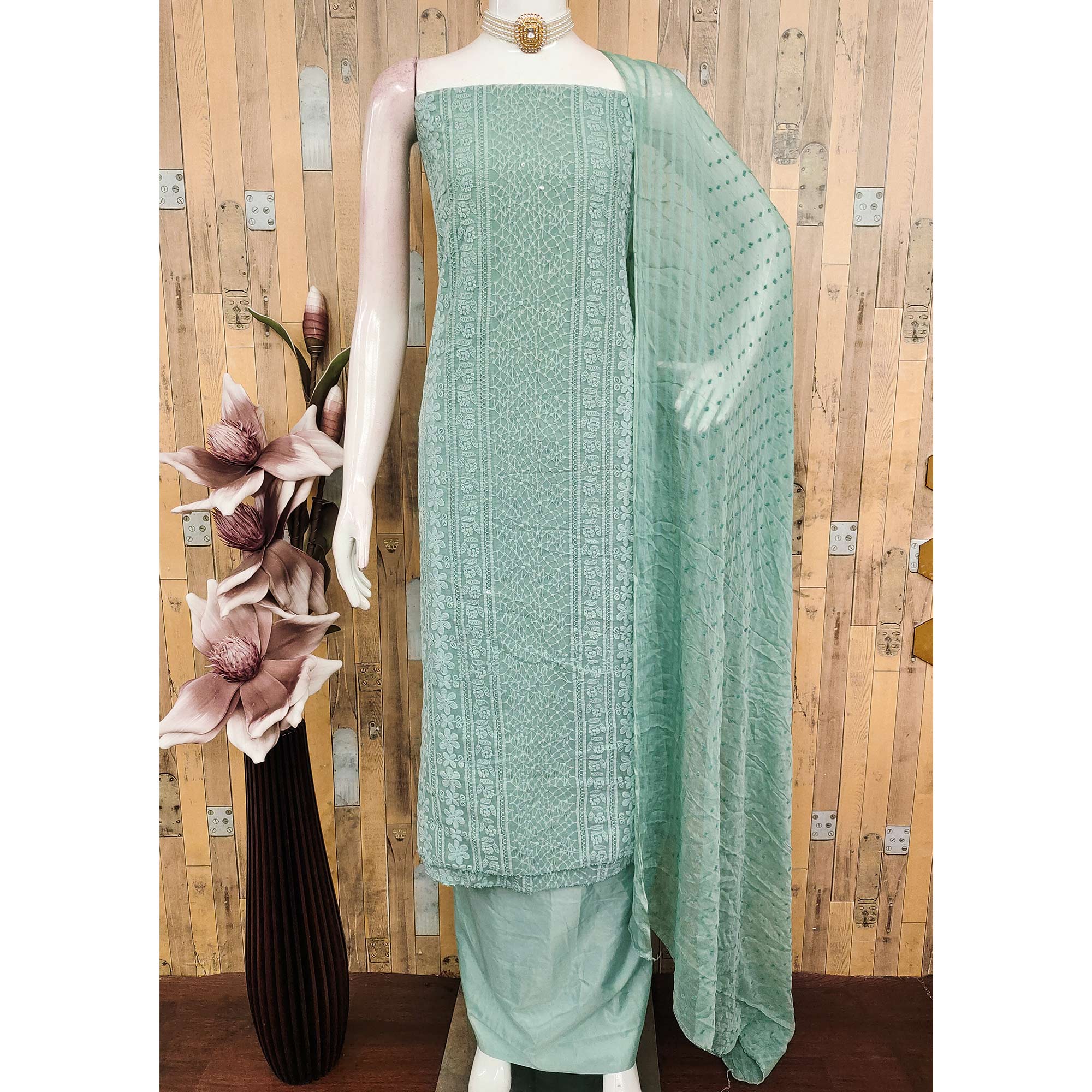 Elegant Dusty Turquoise Floral Embroidered Georgette Dress Material With Delicate Sequins Accents