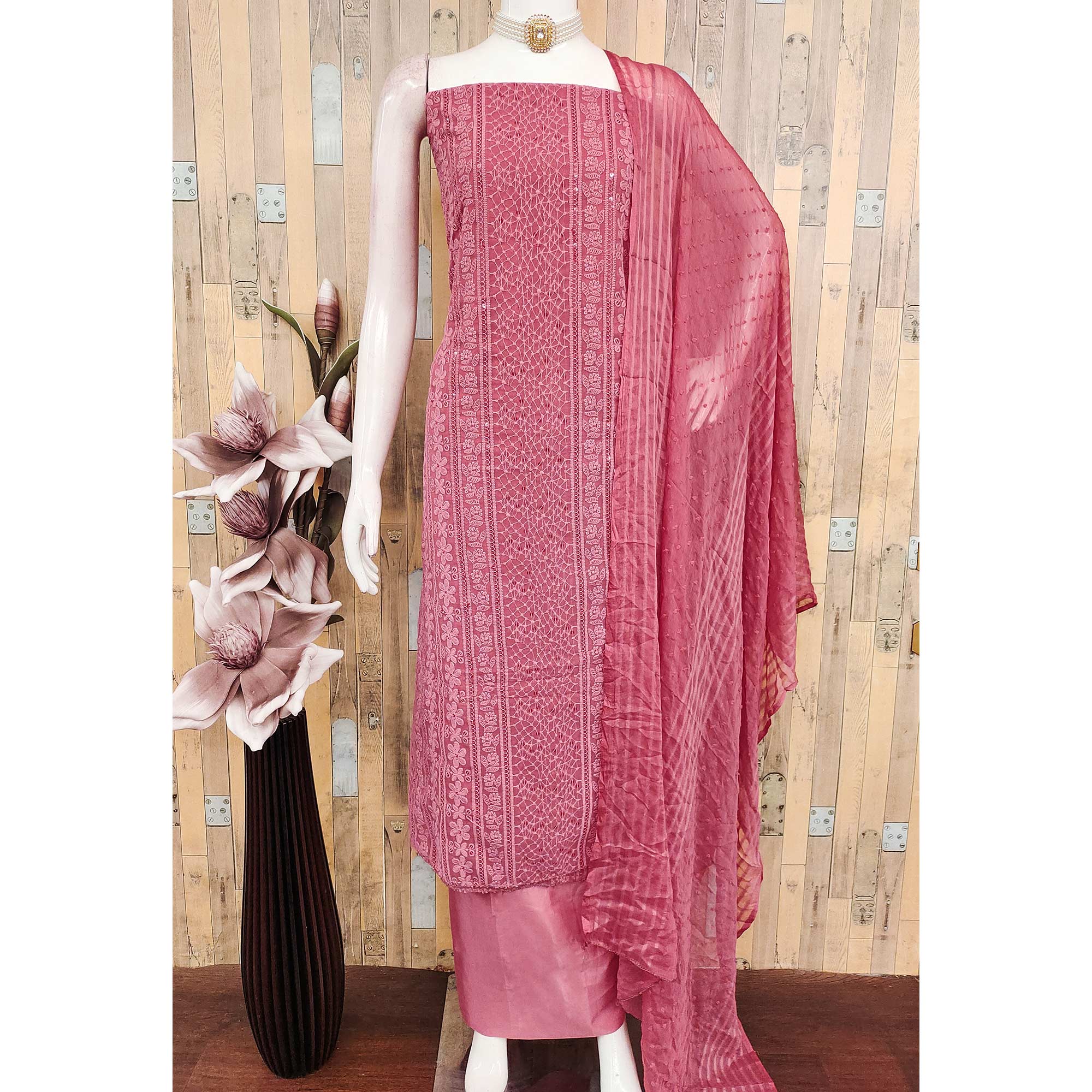 Elegant Gajari Pink Floral Embroidered Georgette Dress Material With Delicate Sequins Accents