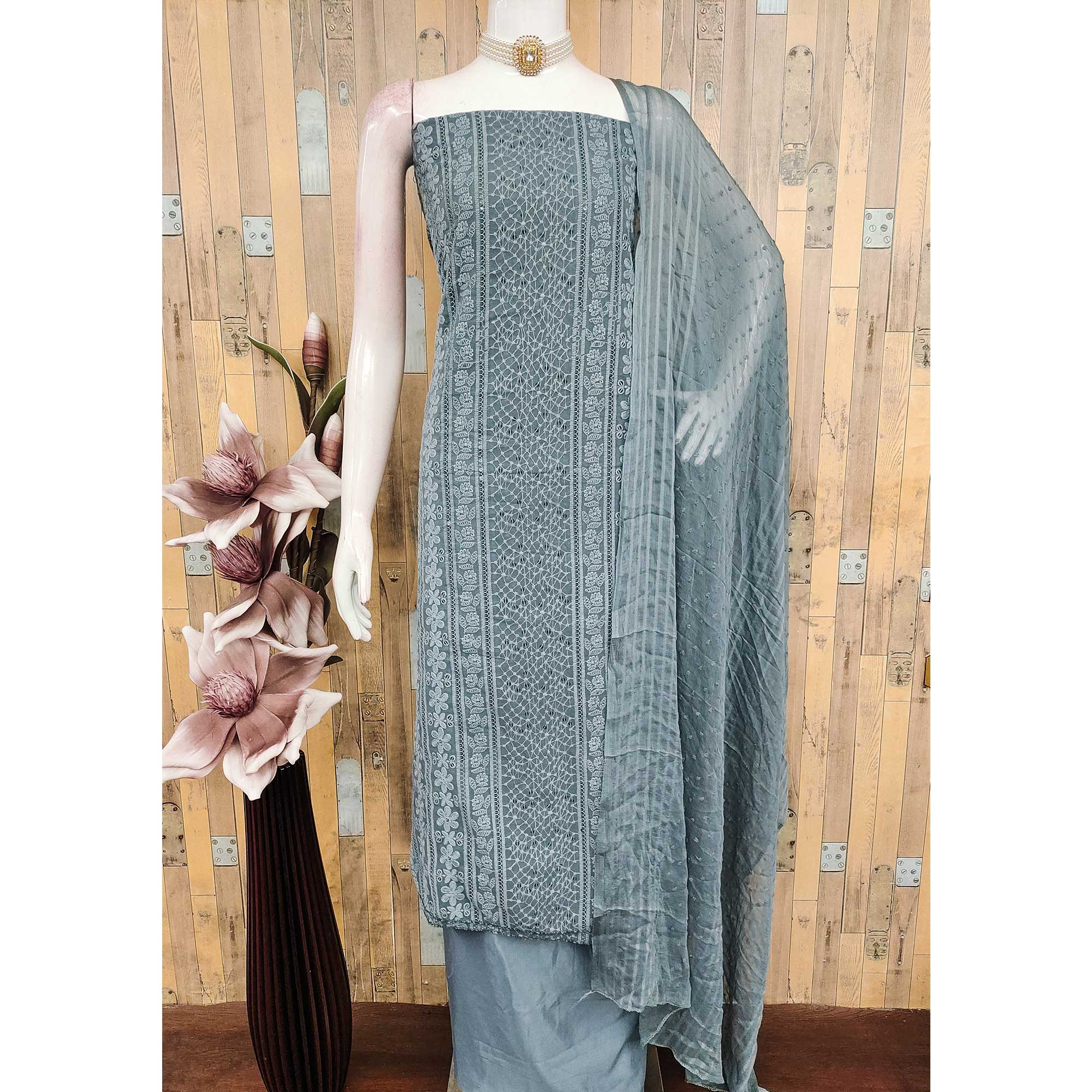 Elegant Grey Floral Embroidered Georgette Dress Material With Delicate Sequins Accents