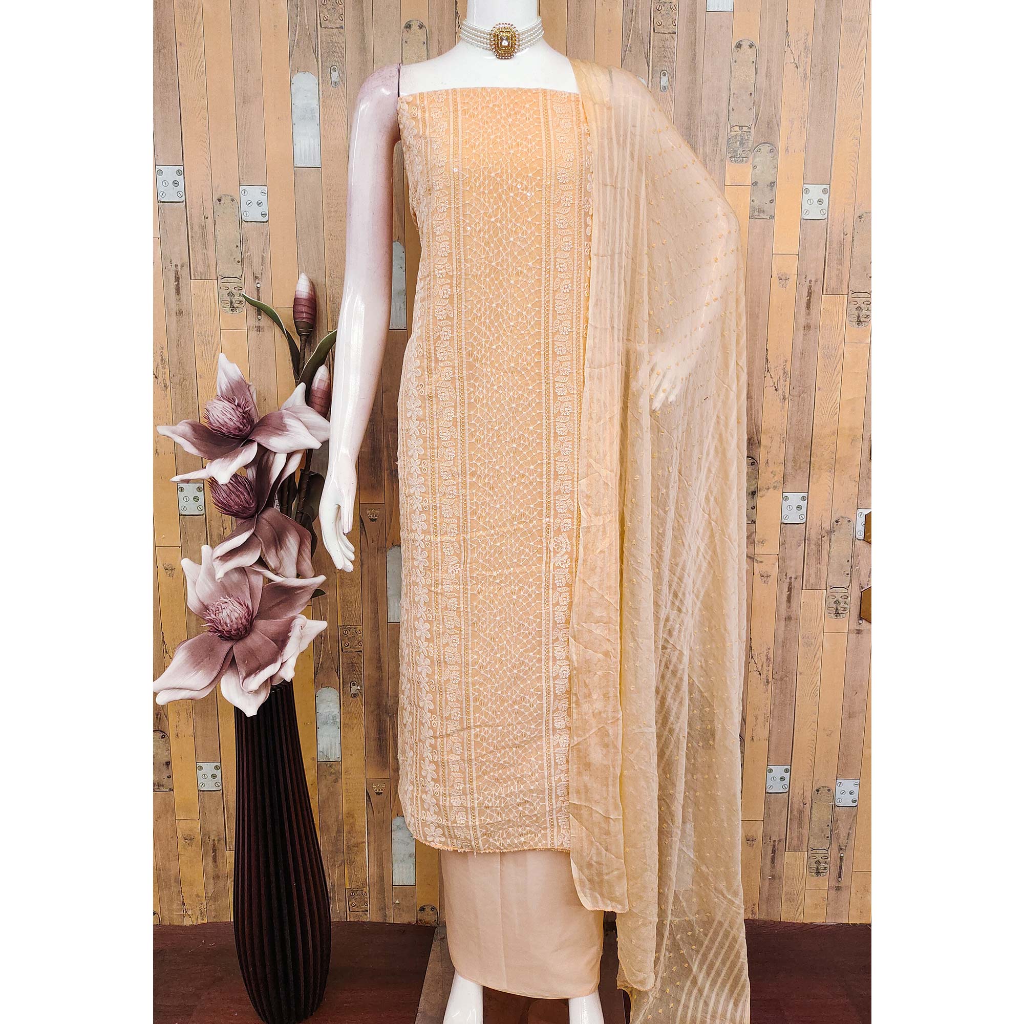 Elegant Light Peach Floral Embroidered Georgette Dress Material With Delicate Sequins Accents