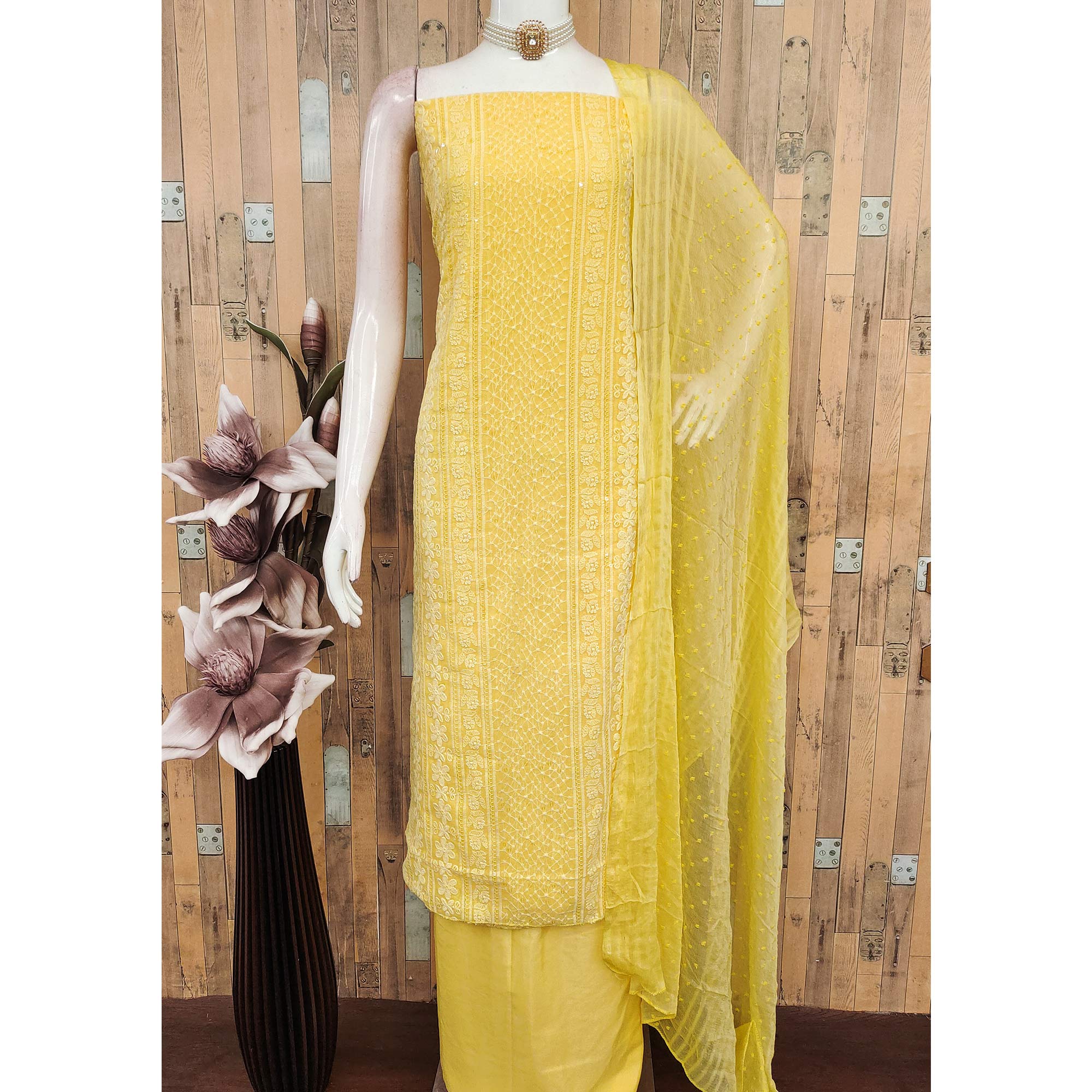 Elegant Yellow Floral Embroidered Georgette Dress Material With Delicate Sequins Accents