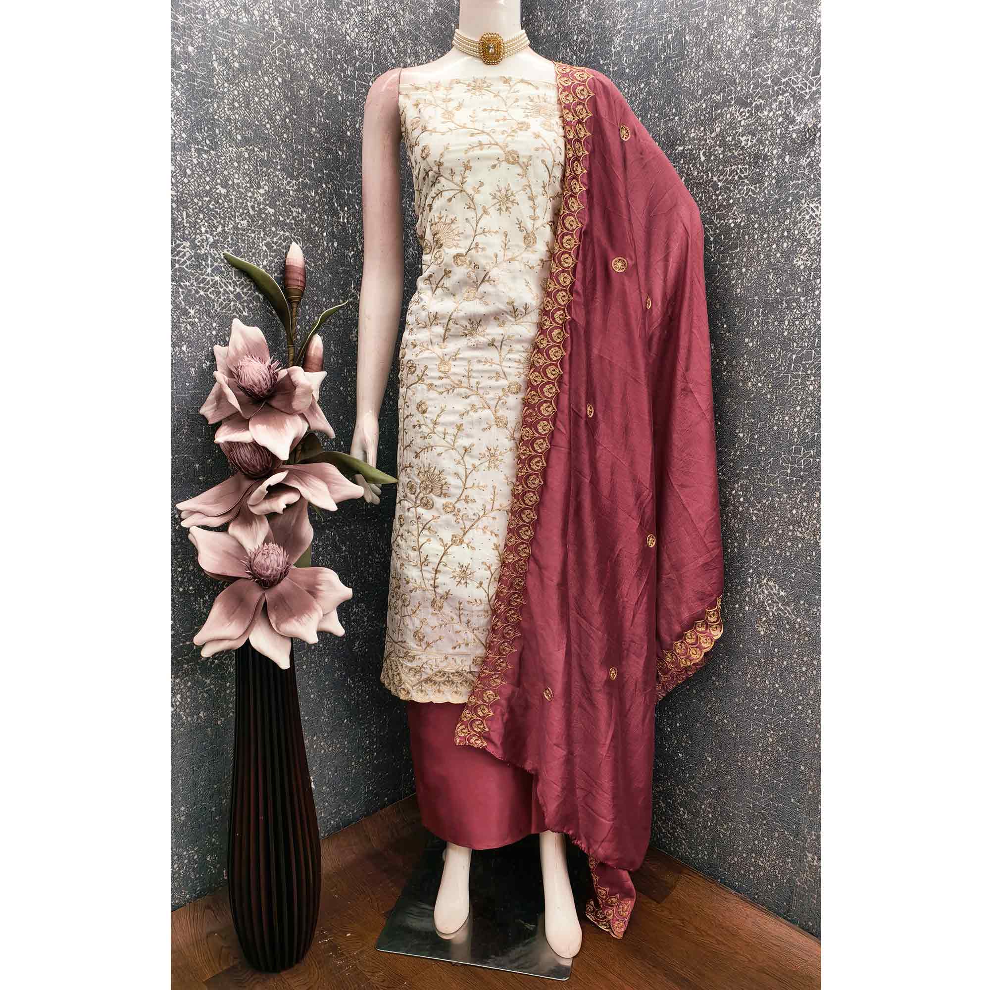 Off White Maroon Thread Motifs Vichitra Silk Unstitched Salwar Material