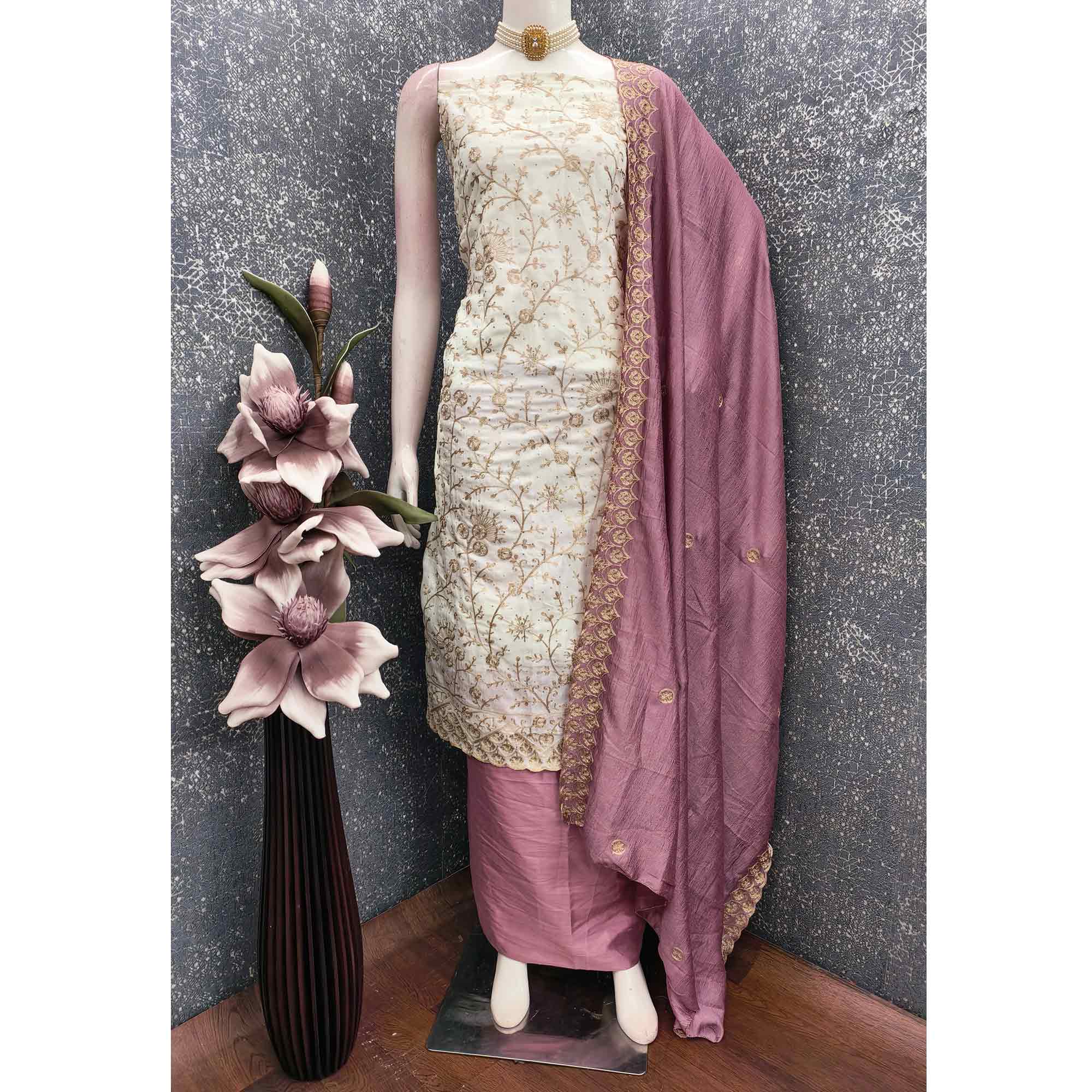 Off White Pink Thread Motifs Vichitra Silk Unstitched Salwar Material