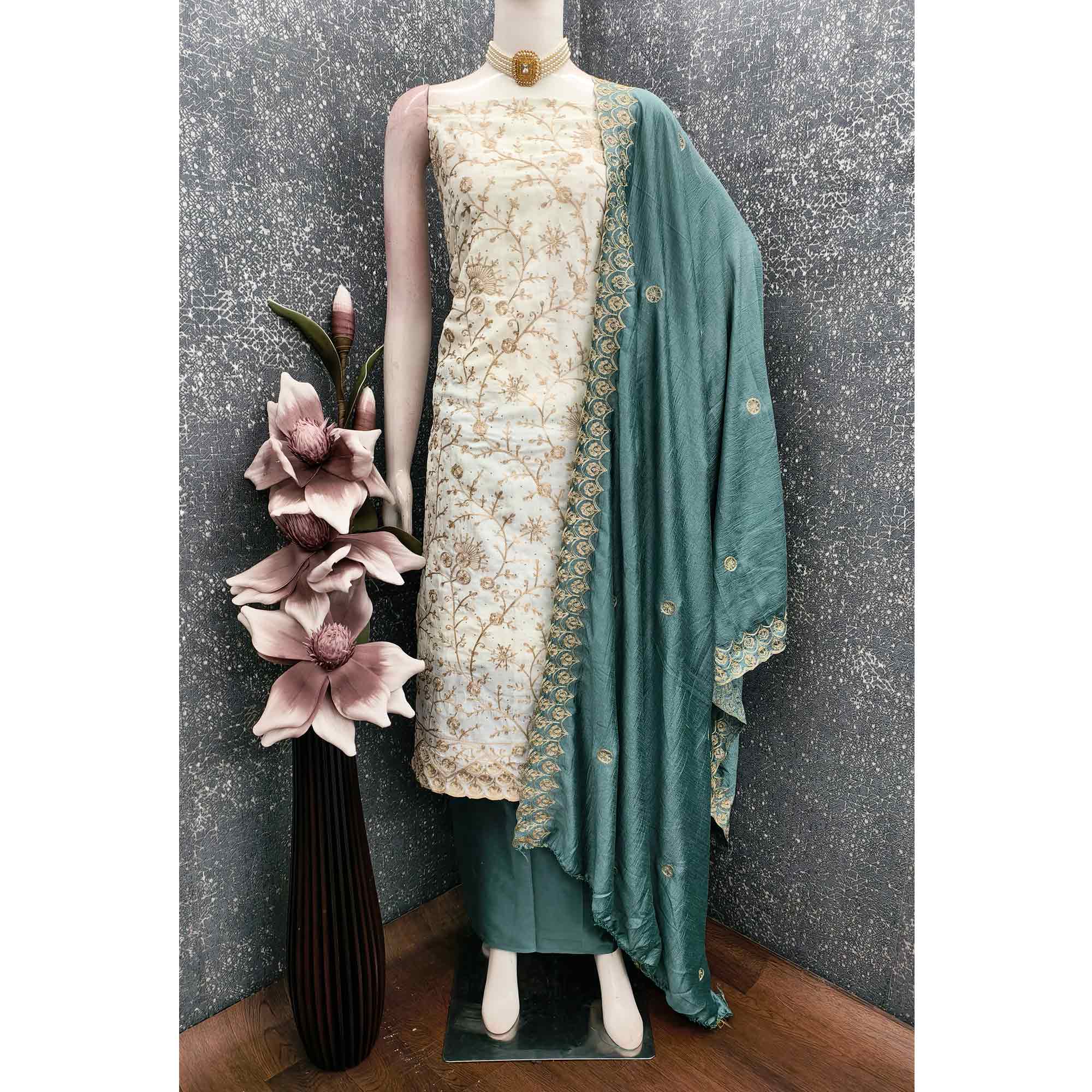 Off White Teal Thread Motifs Vichitra Silk Unstitched Salwar Material
