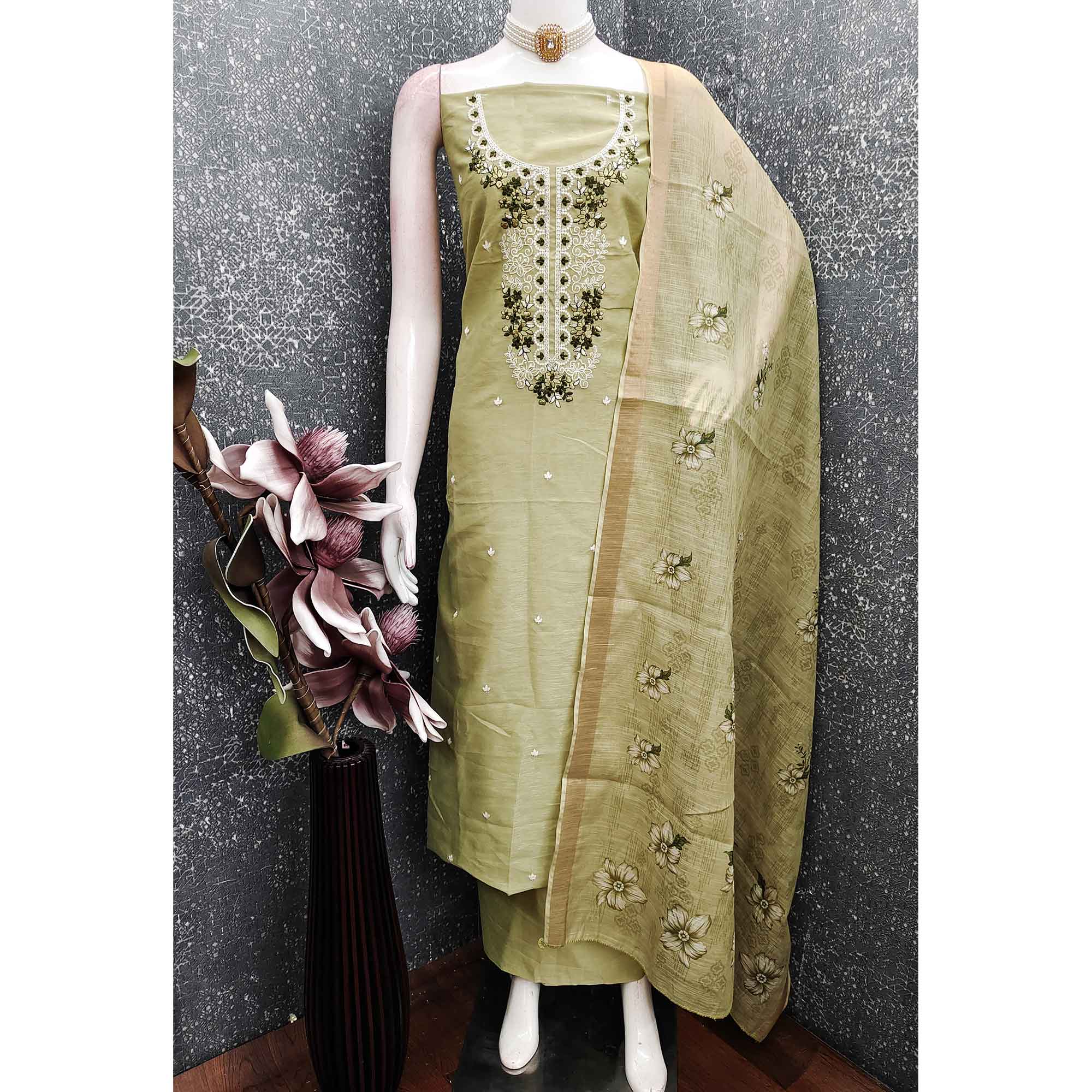 Elegant Green Floral Thread Embroidered Art Silk Dress Material Adorned With Shimmering Sequins