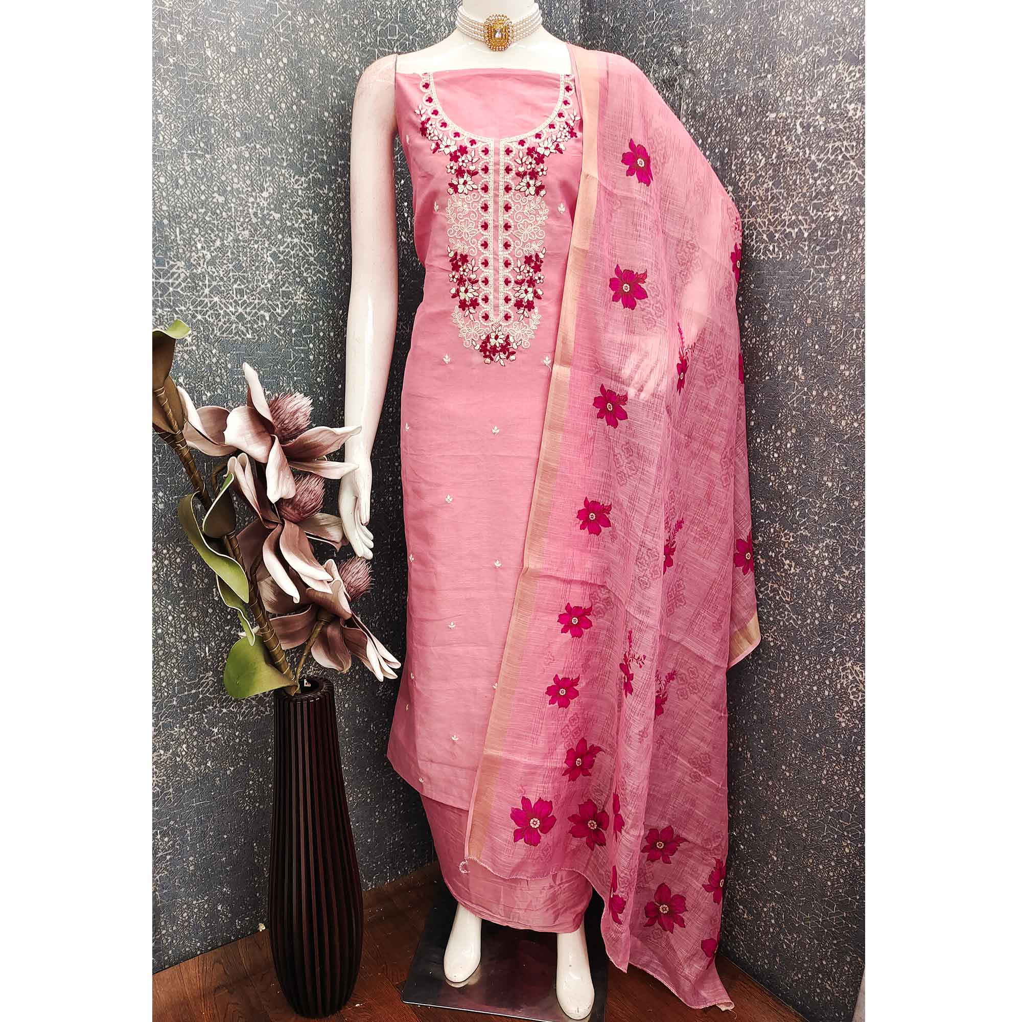 Elegant Pink Floral Thread Embroidered Art Silk Dress Material Adorned With Shimmering Sequins