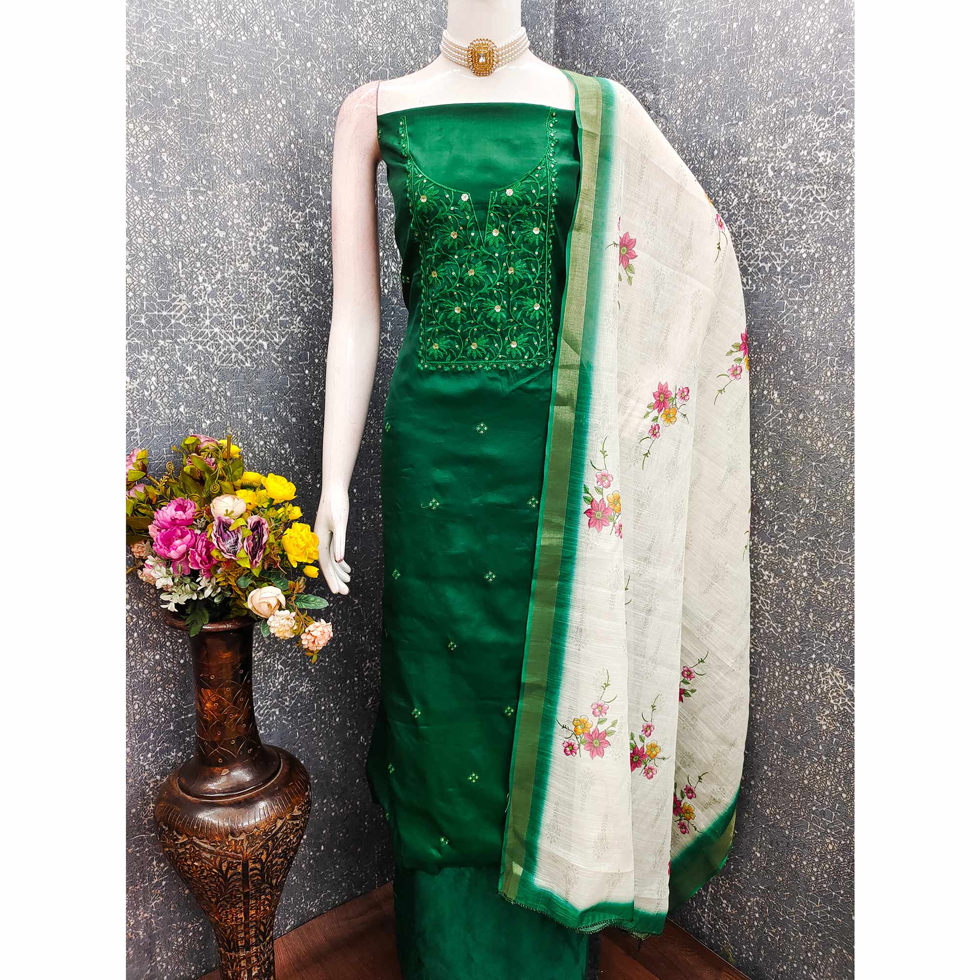 Elegant Green Floral Thread Embroidered Tussar Silk Dress Material Adorned with Sequins Work