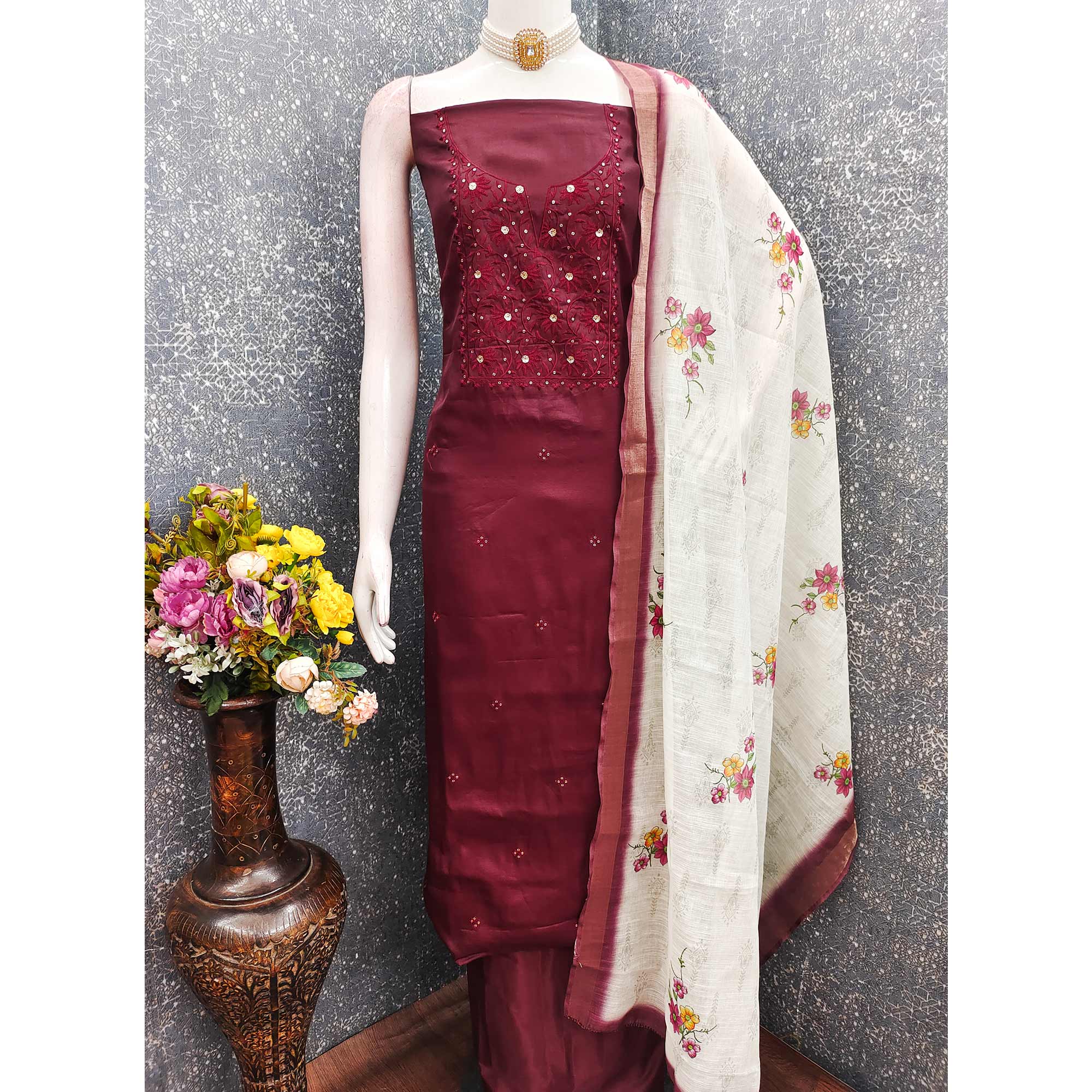 Elegant Maroon Floral Thread Embroidered Tussar Silk Dress Material Adorned with Sequins Work