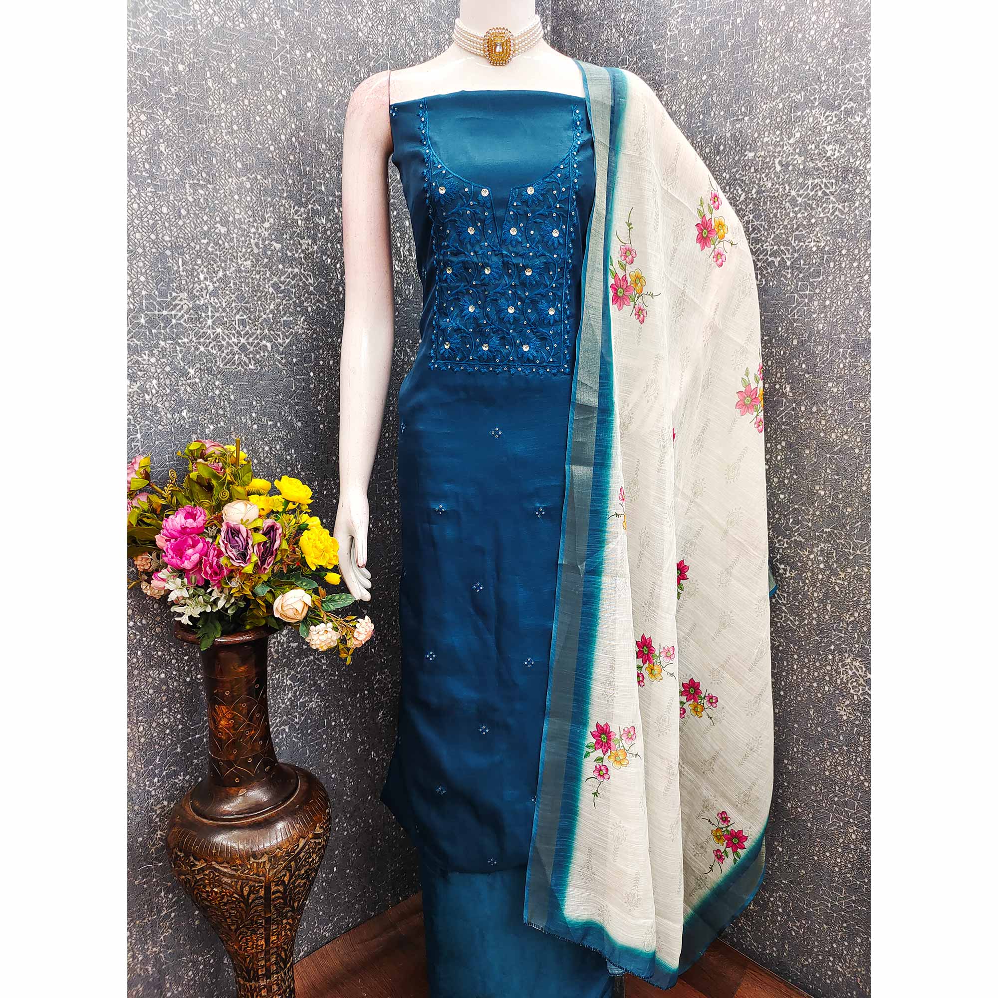 Elegant Morpich Blue Floral Thread Embroidered Tussar Silk Dress Material Adorned with Sequins Work
