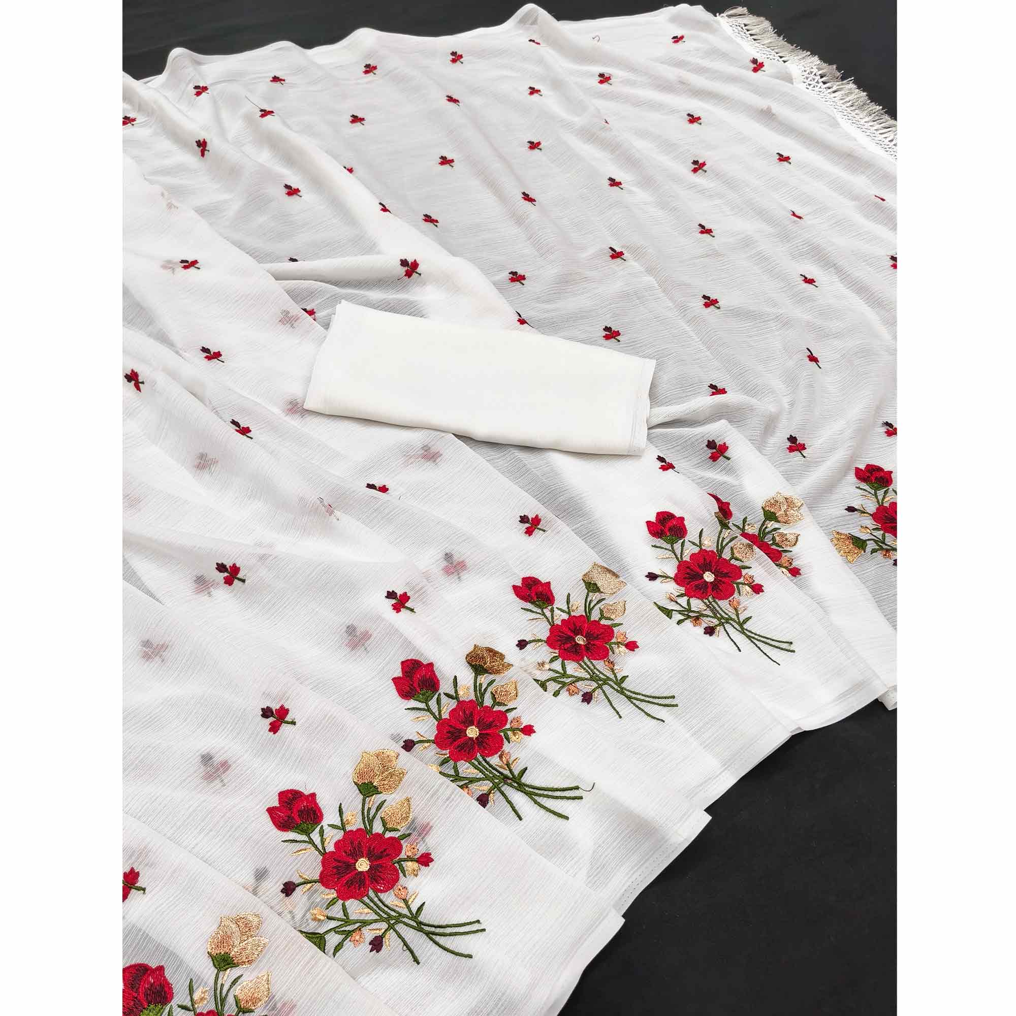 White Floral Embroidered Chiffon Saree With Tassels