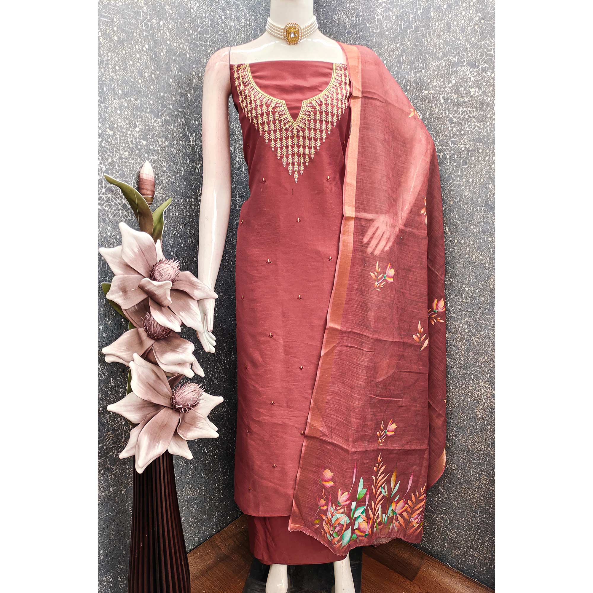 Festive Maroon Floral Embroidered Art Silk Dress Material with Fine Thread Work