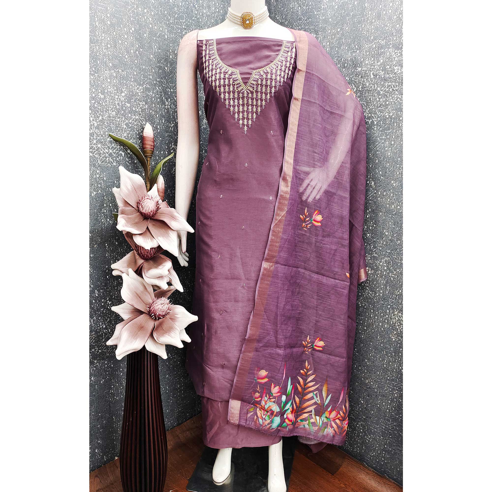 Festive Mauve Floral Embroidered Art Silk Dress Material with Fine Thread Work