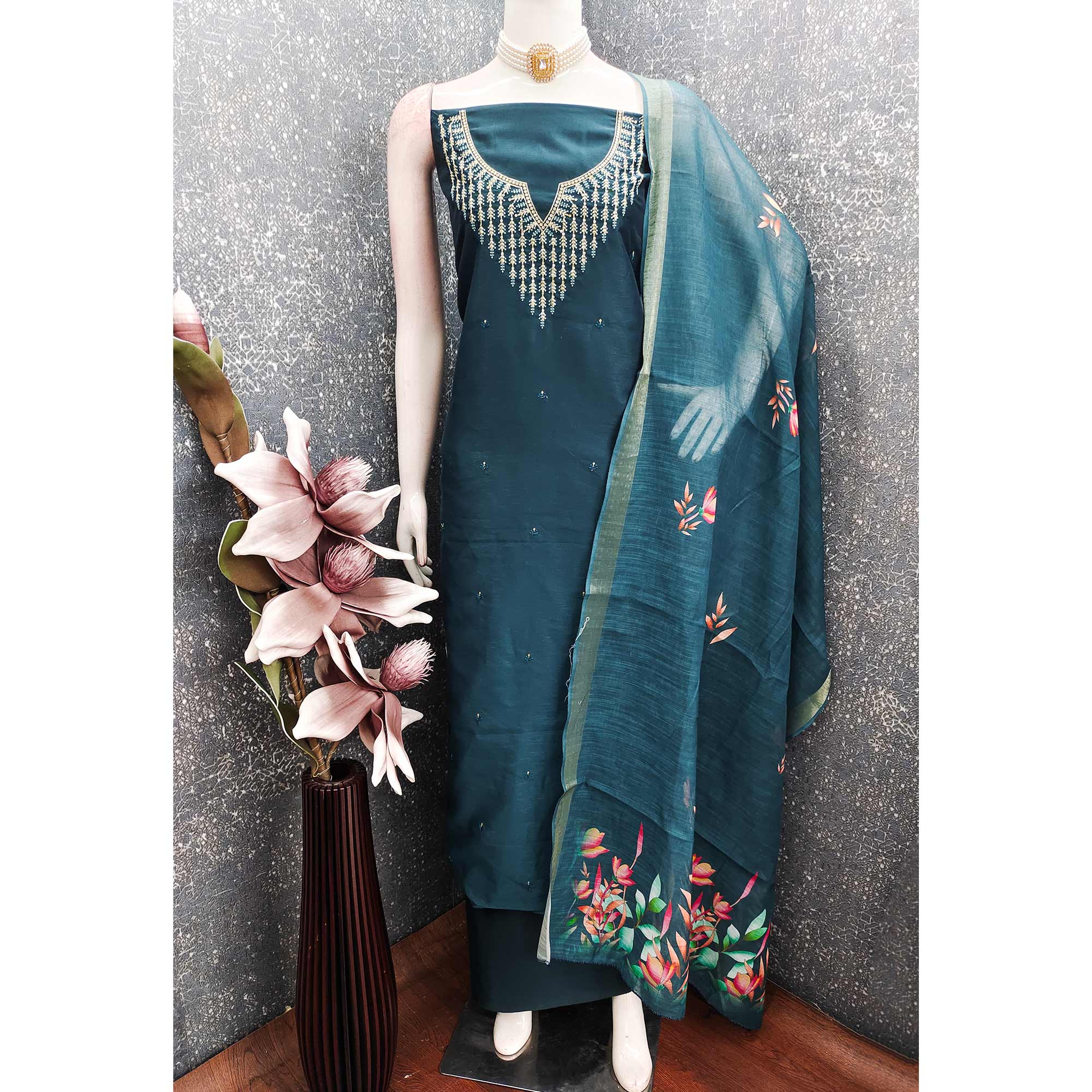 Festive Teal Floral Embroidered Art Silk Dress Material with Fine Thread Work