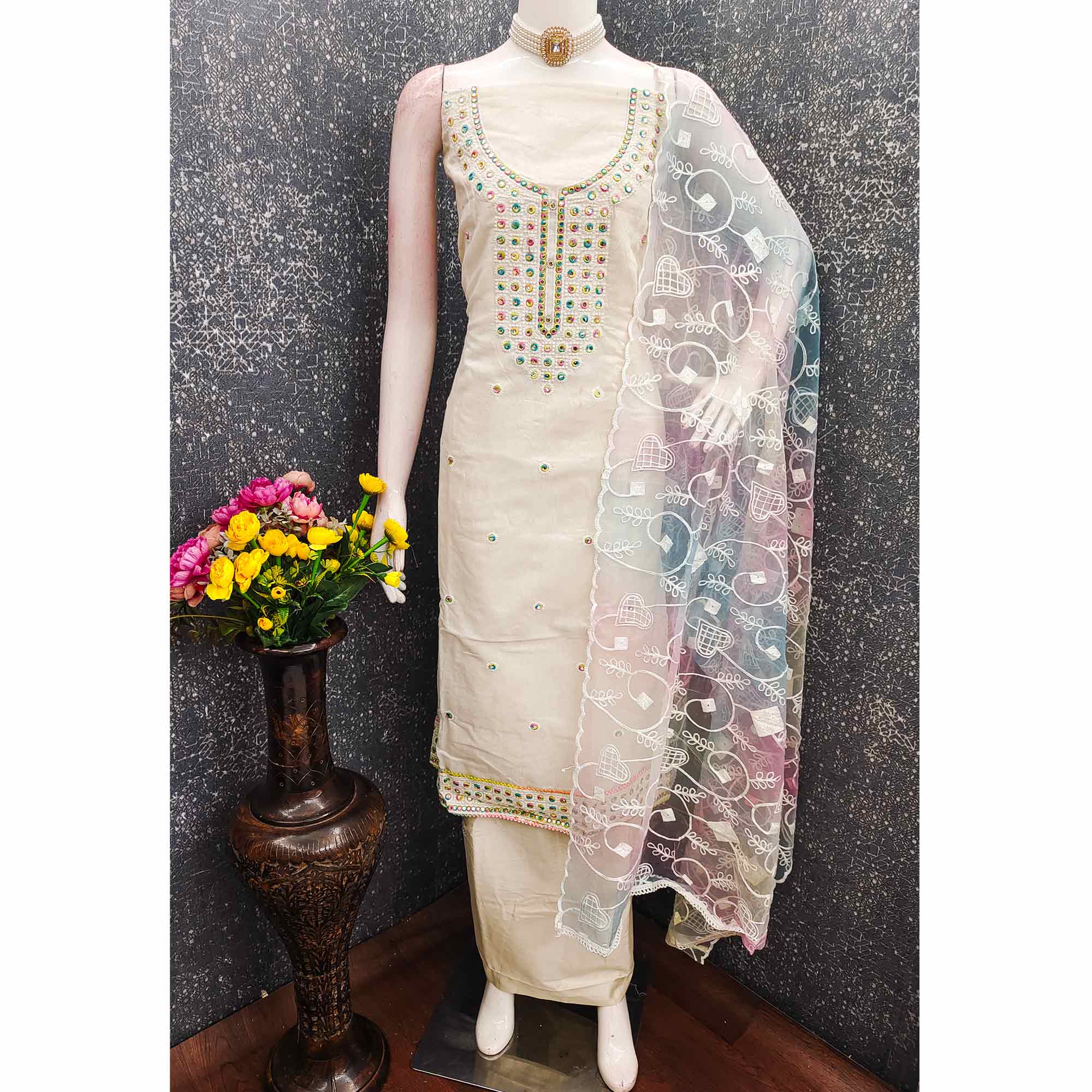 Off White Designer Chanderi Dress Material with Intricate Thread Embroidery Detailing
