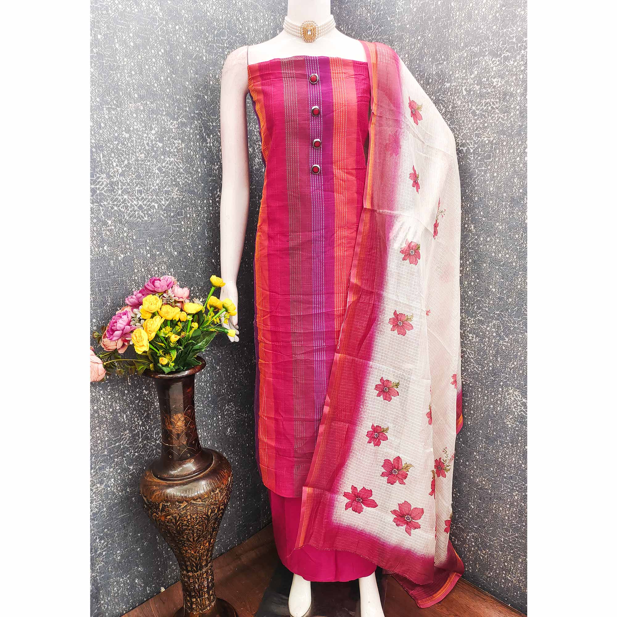 Lightweight Pink Pure Cotton Dress Material with Elegant Striped Finish