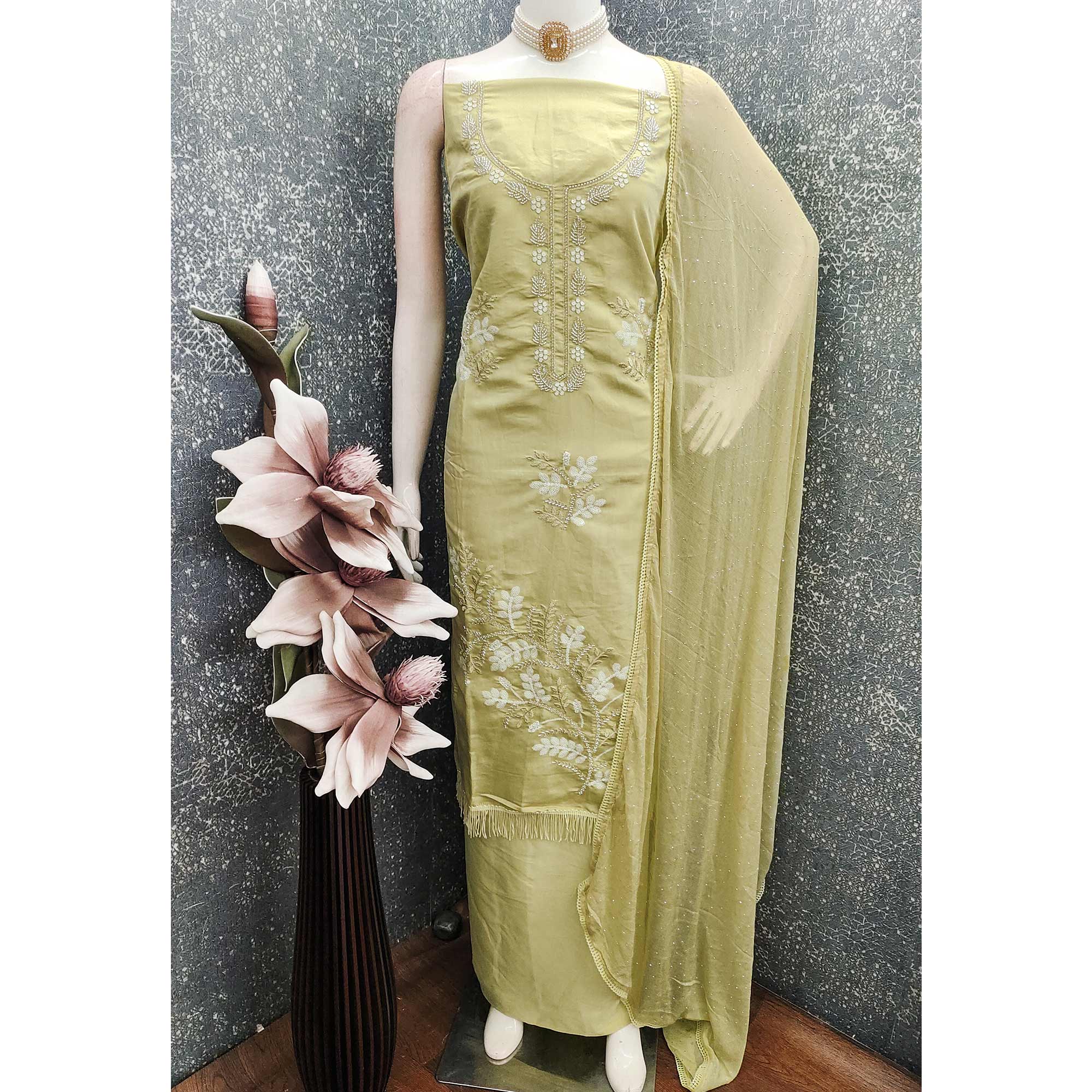 Light Green Floral Embroidered Viscose Suit Fabric with Exquisite Beads Work