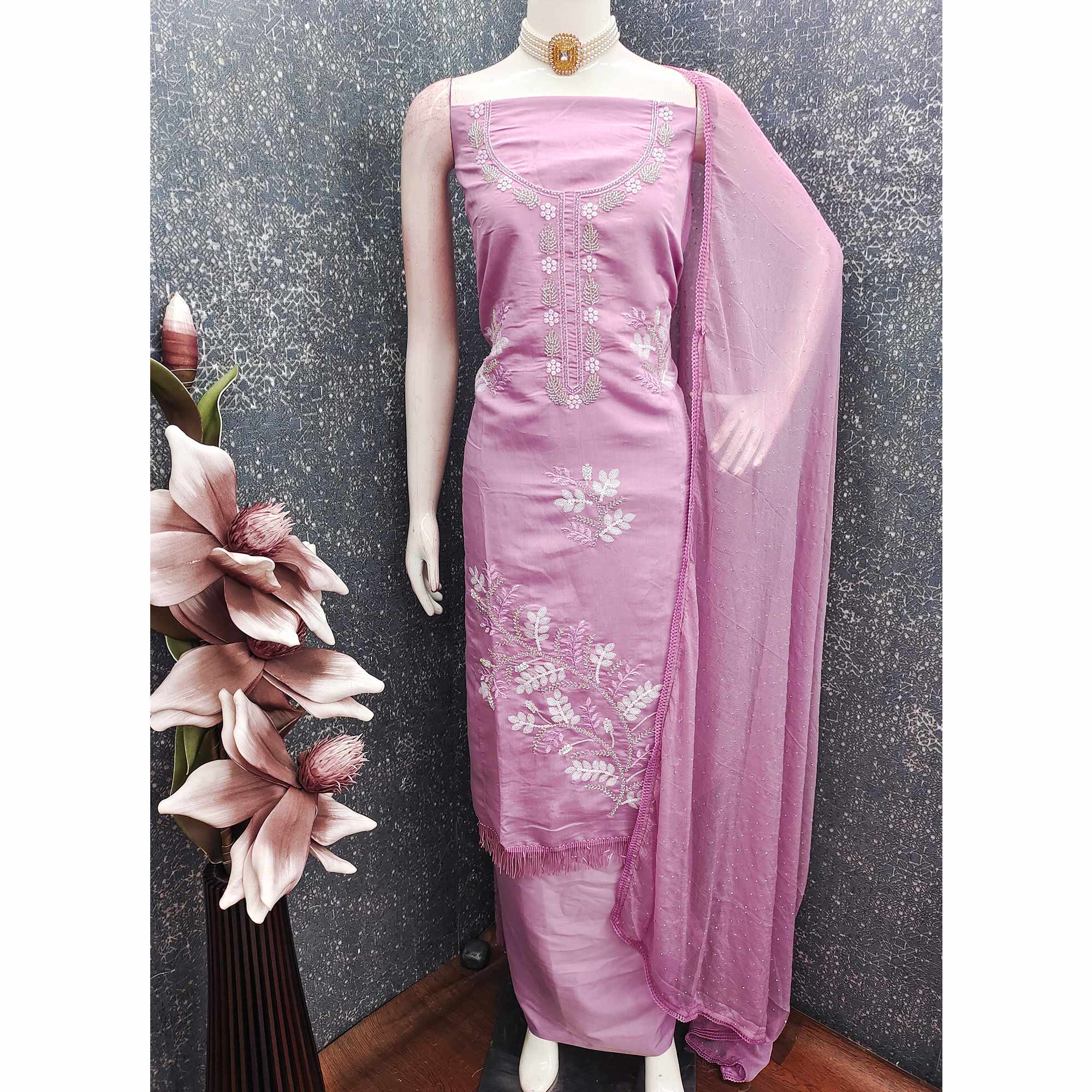 Pink Floral Embroidered Viscose Suit Fabric with Exquisite Beads Work
