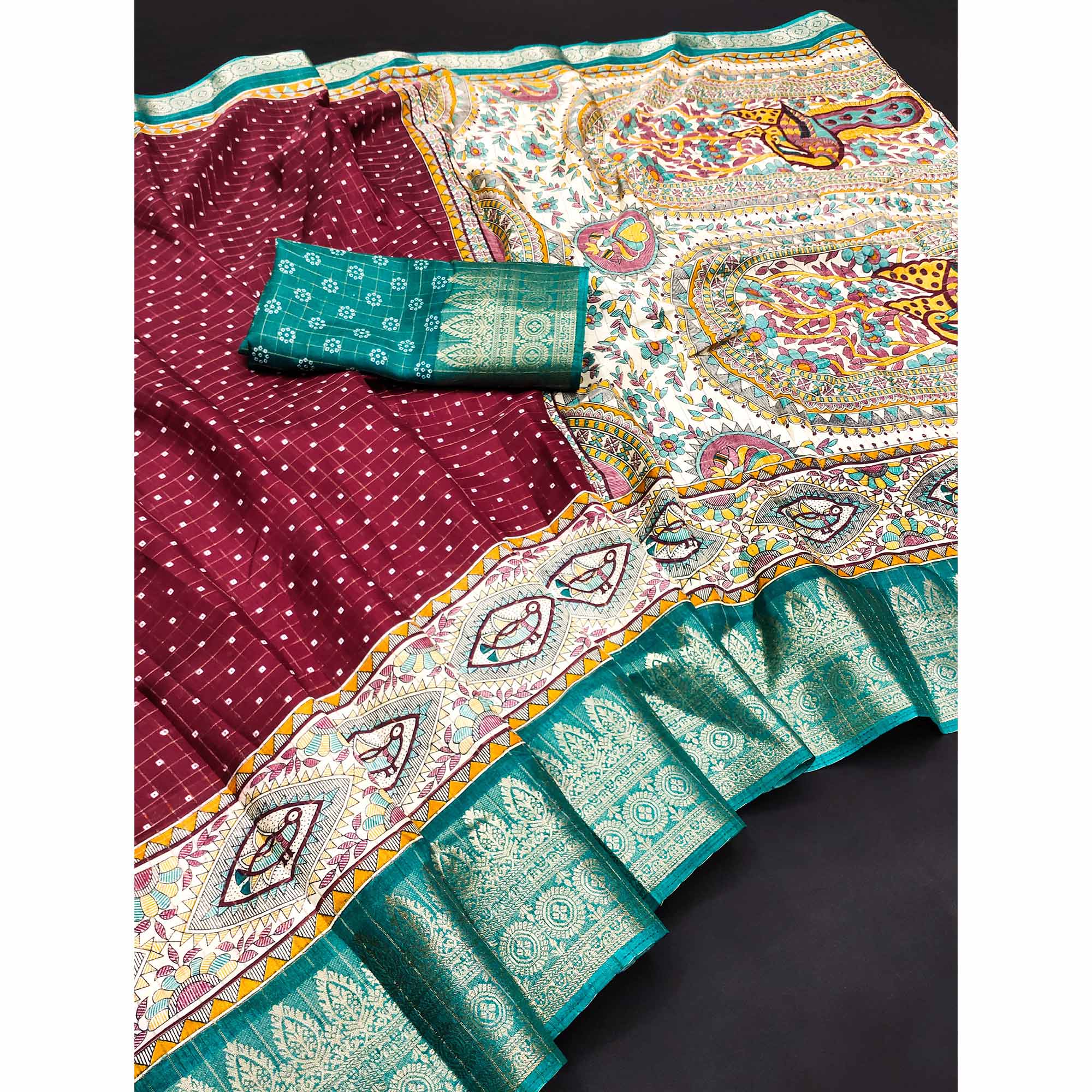 Maroon Madhubani Work Woven Dola Silk Saree