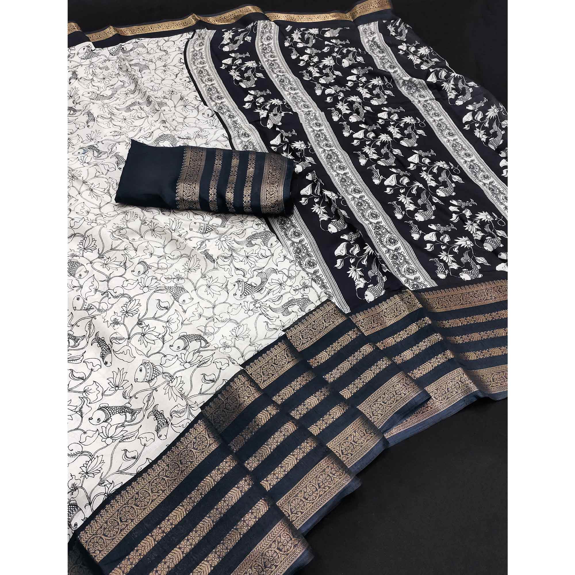 Off White & Black Dola Silk Saree with Tradional Prints and Zari Weaving Border