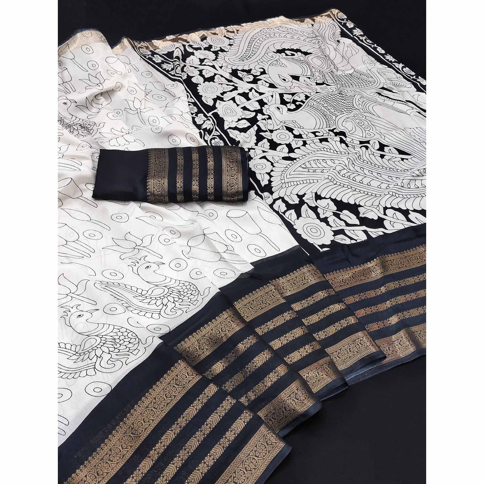 Off White & Black Dola Silk Saree with Tradional Prints and Zari Weaving Border