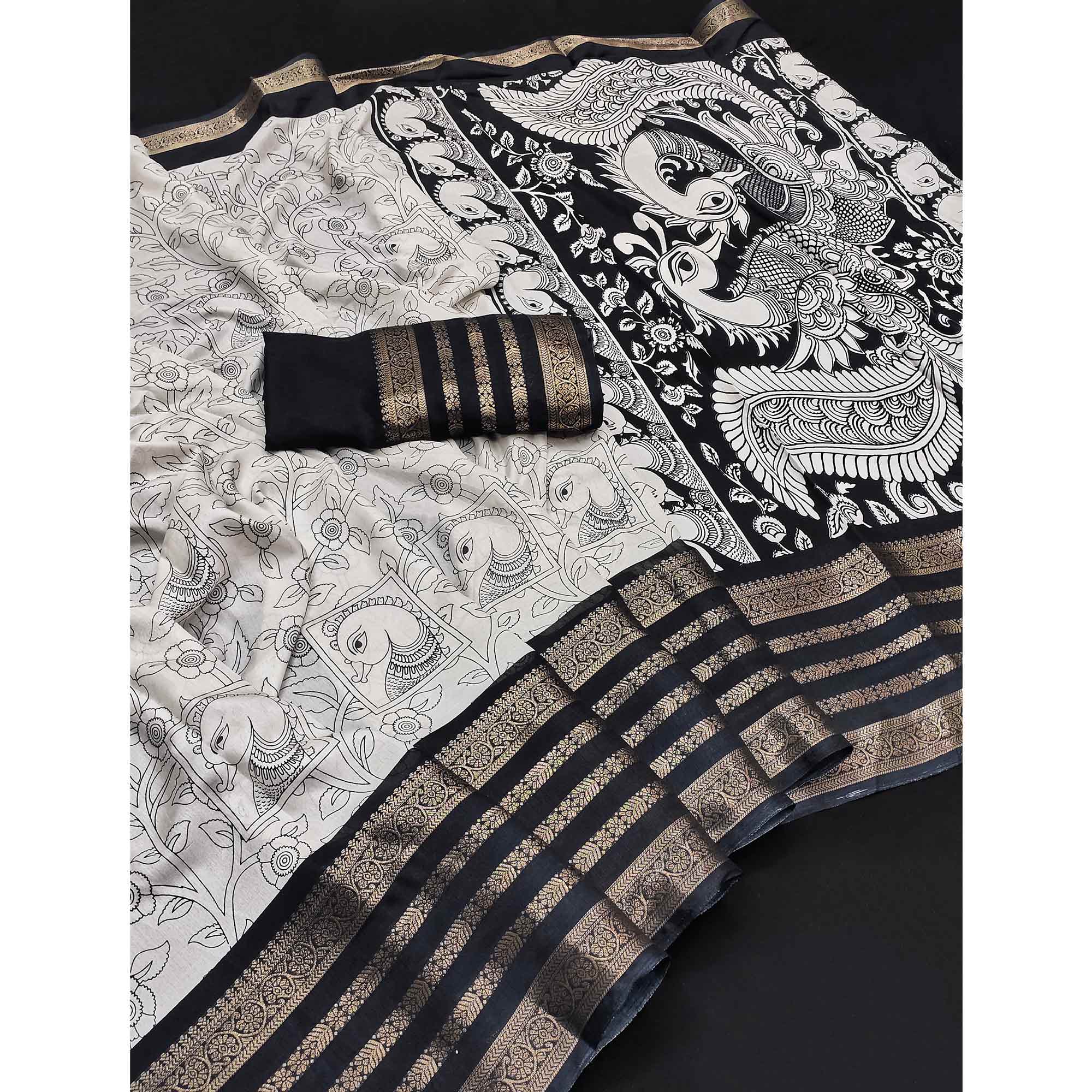 Off White & Black Dola Silk Saree with Tradional Prints and Zari Weaving Border