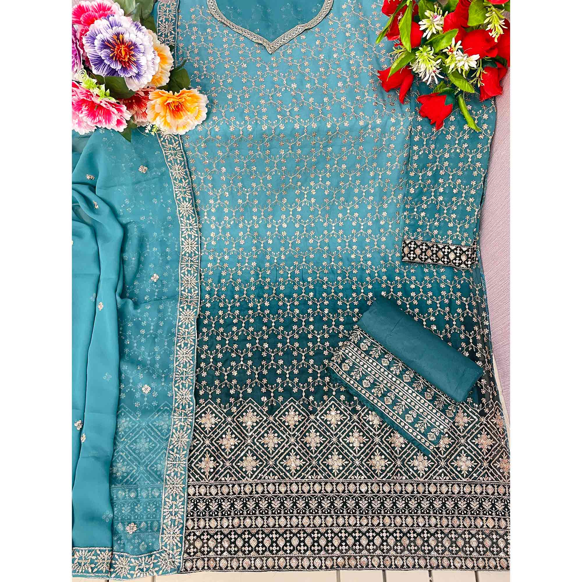 Blue Sequins Embroidered Georgette Semi Stitched Suit