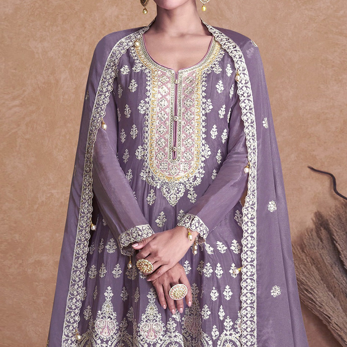 Light Purple Floral Embroidered Georgette Semi Stitched Suit