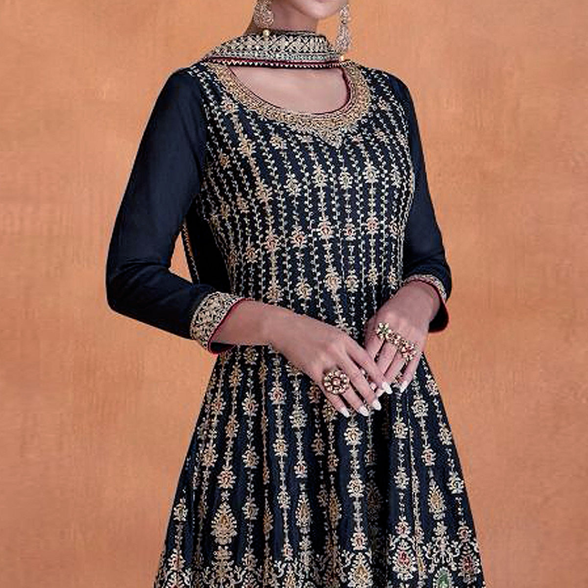 Dark Blue Sequins Embroidered Georgette Semi Stitched Sharara Suit