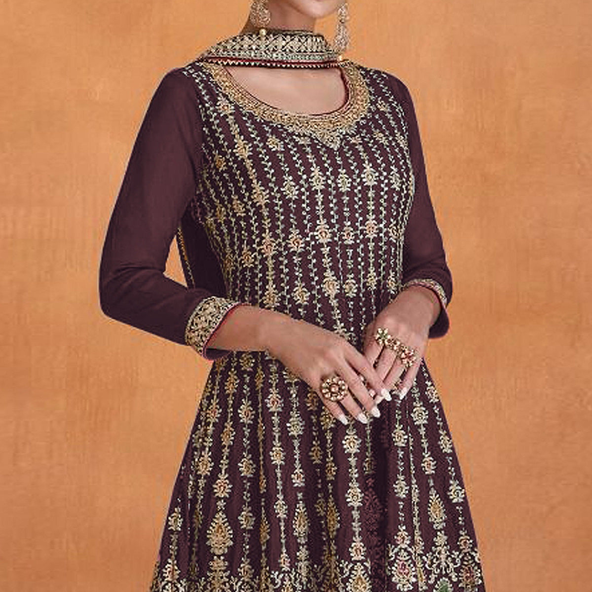 Wine Sequins Embroidered Georgette Semi Stitched Sharara Suit