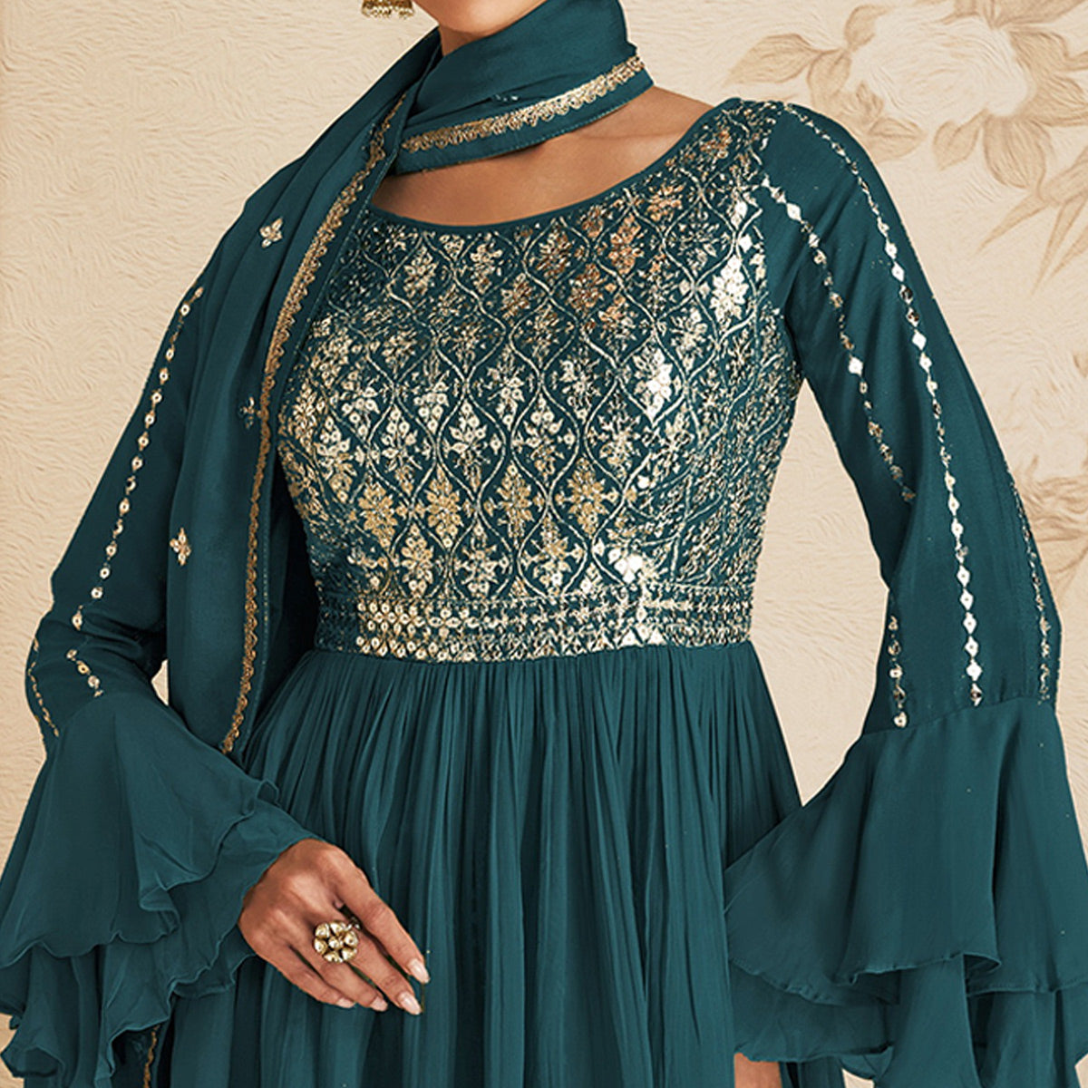 Teal Blue Sequins Embroidered Chinon Semi Stitched Sharara Suit