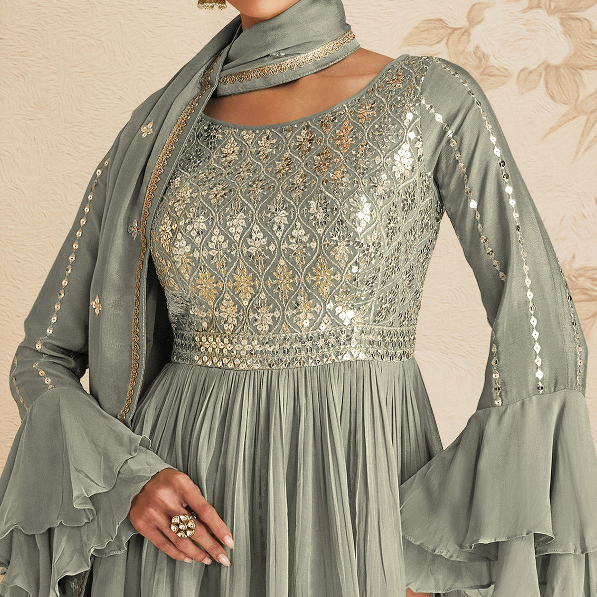 Grey Sequins Embroidered Chinon Semi Stitched Sharara Suit