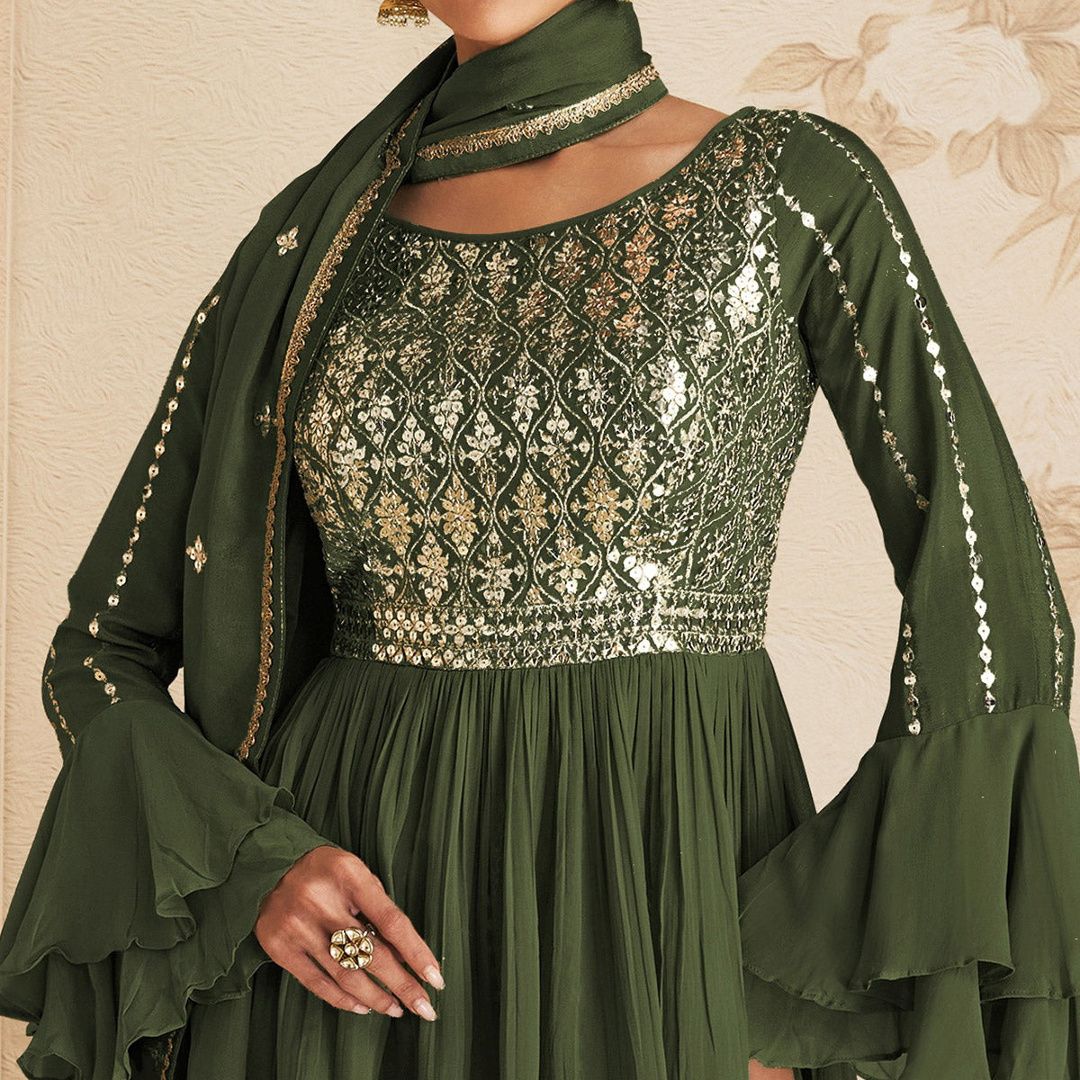 Mehendi Green Sequins Embroidered Chinon Semi Stitched Sharara Suit