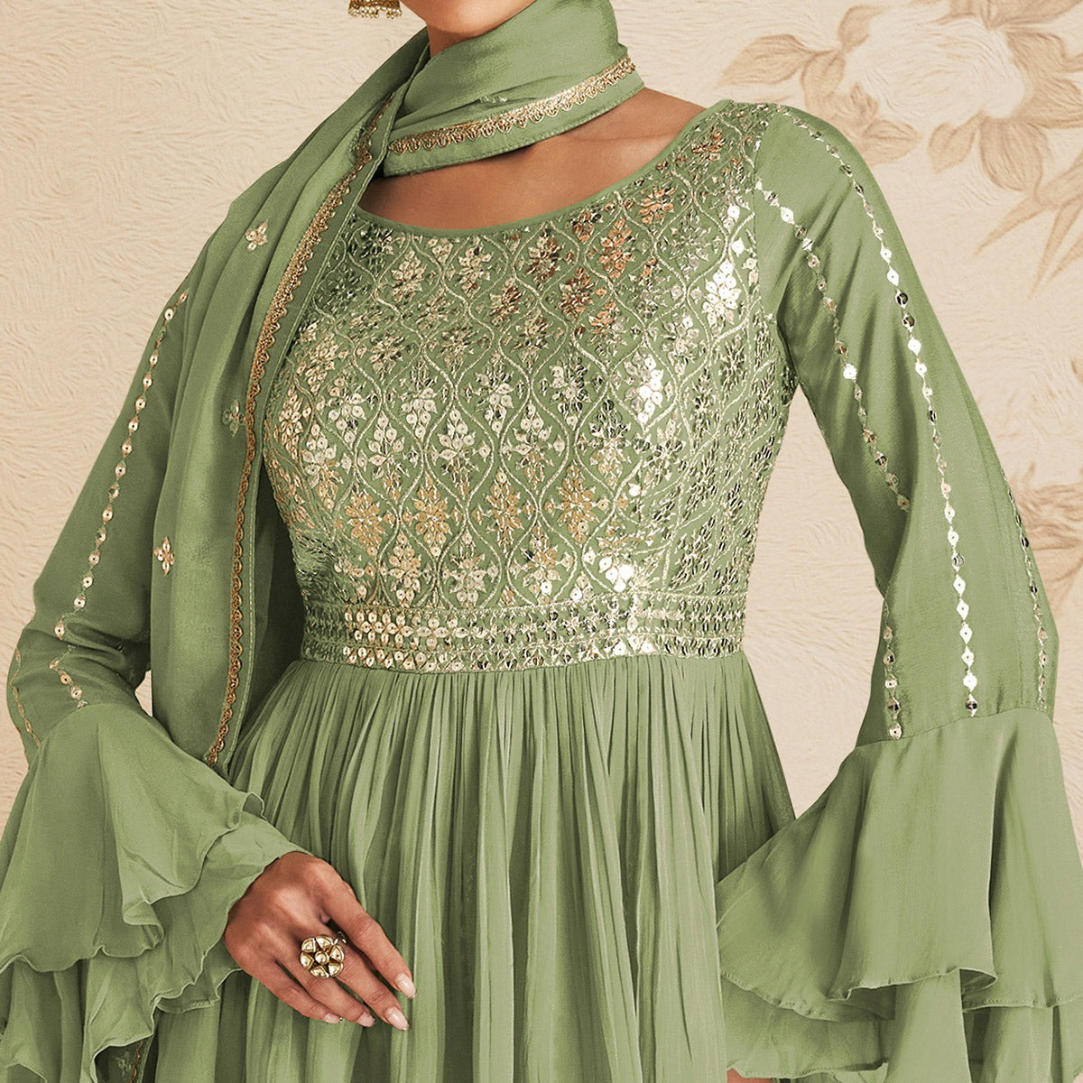 Pista Green Sequins Embroidered Chinon Semi Stitched Sharara Suit