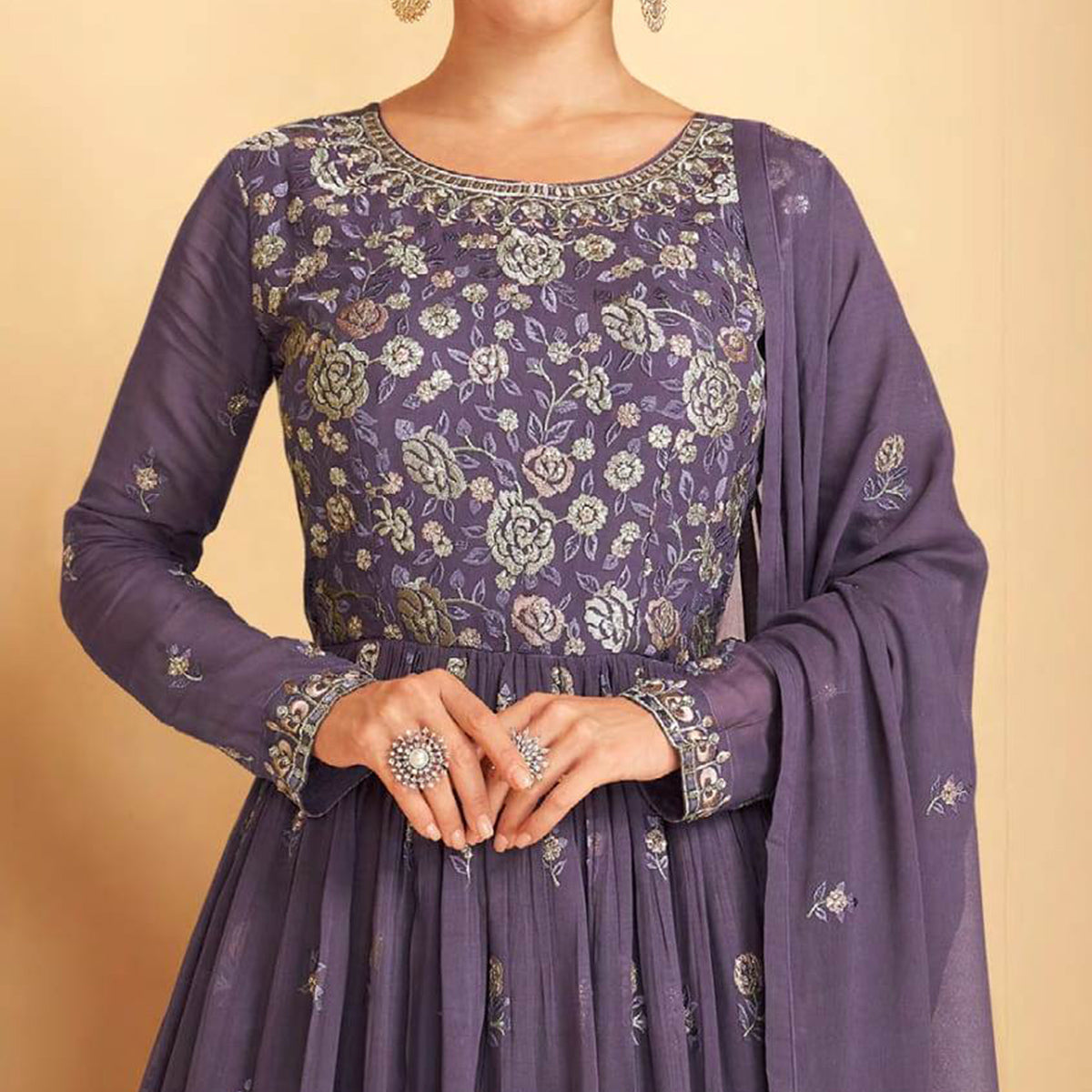 Purple Floral Embroidered Georgette Semi Stitched Sharara Suit