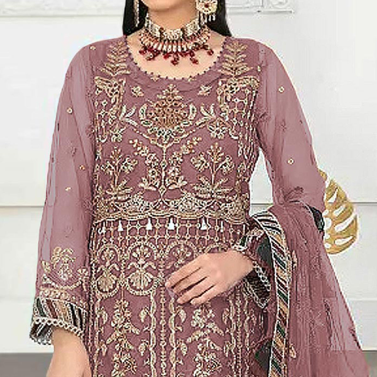 Light Mauve Floral Embroidered Net Semi Stitched Pakistani Suit