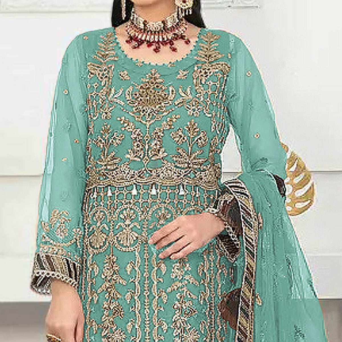 Turquoise Floral Embroidered Net Semi Stitched Pakistani Suit