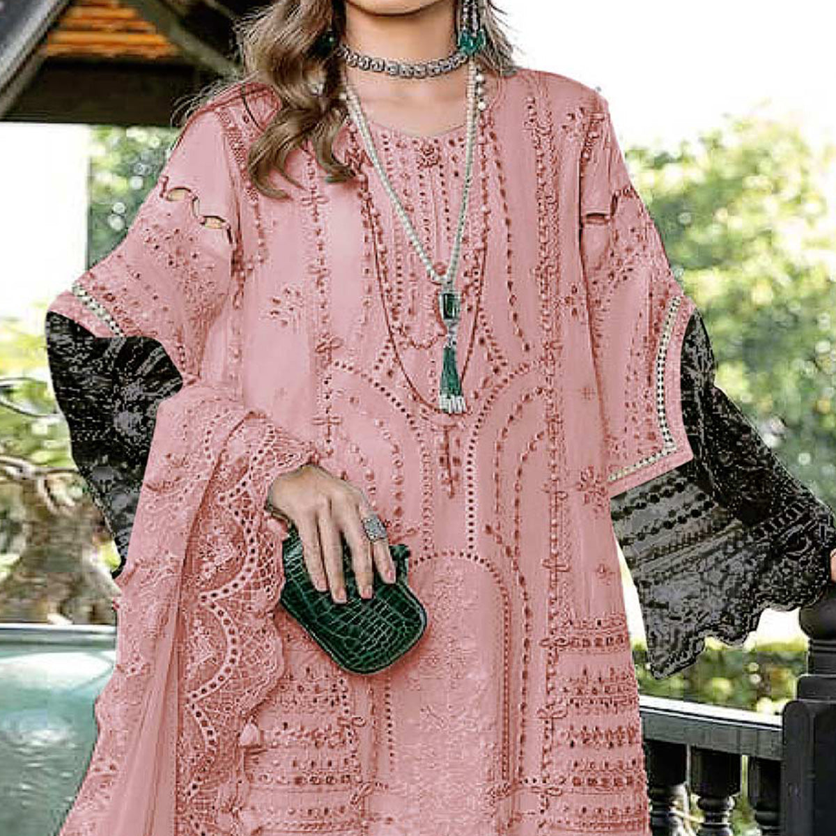Pink Floral Embroidered Georgette Semi Stitched Pakistani Suit