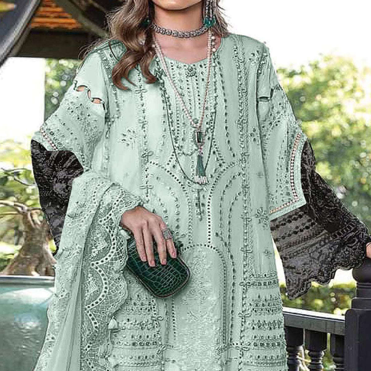 Green Floral Embroidered Georgette Semi Stitched Pakistani Suit