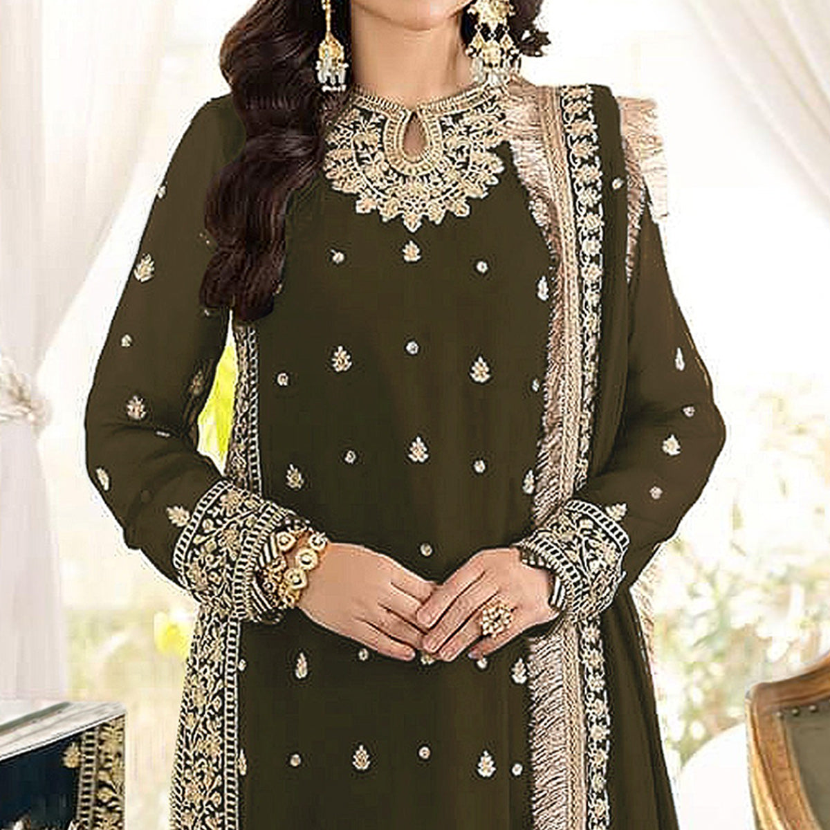 Mehendi Green Floral Embroidered Georgette Semi Stitched Pakistani Suit
