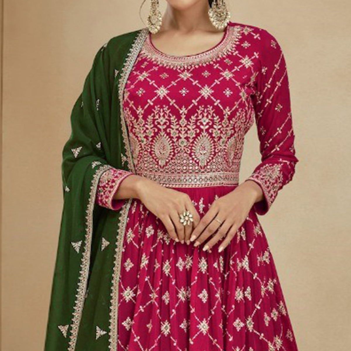 Pink & Green Embroidered Georgette Semi Stitched Sharara Suit