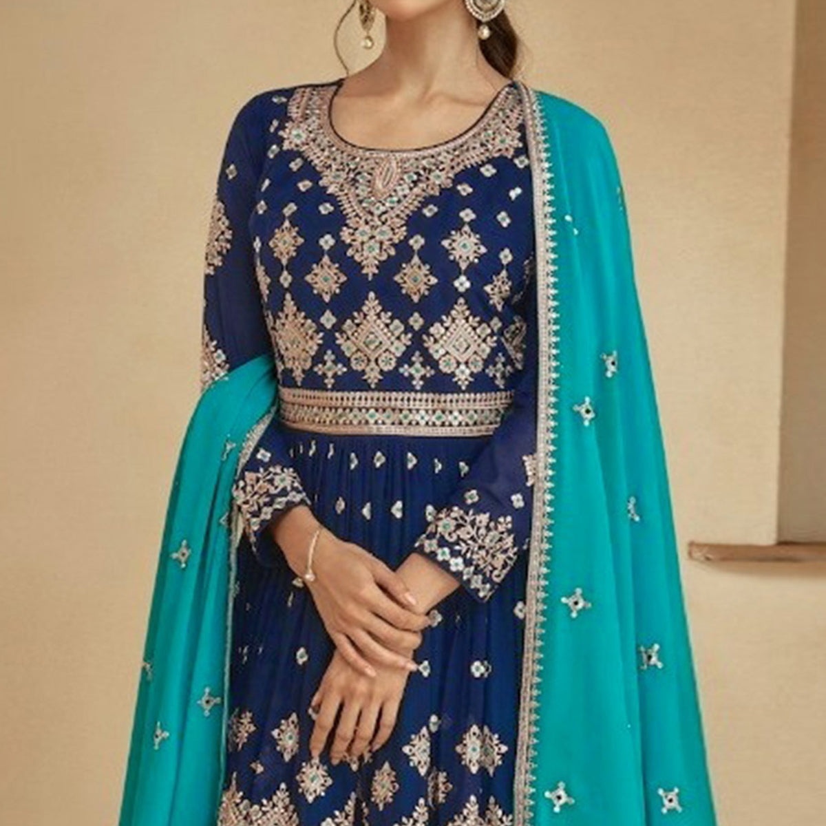 Navy Blue & Rama Green Embroidered Georgette Semi Stitched Sharara Suit