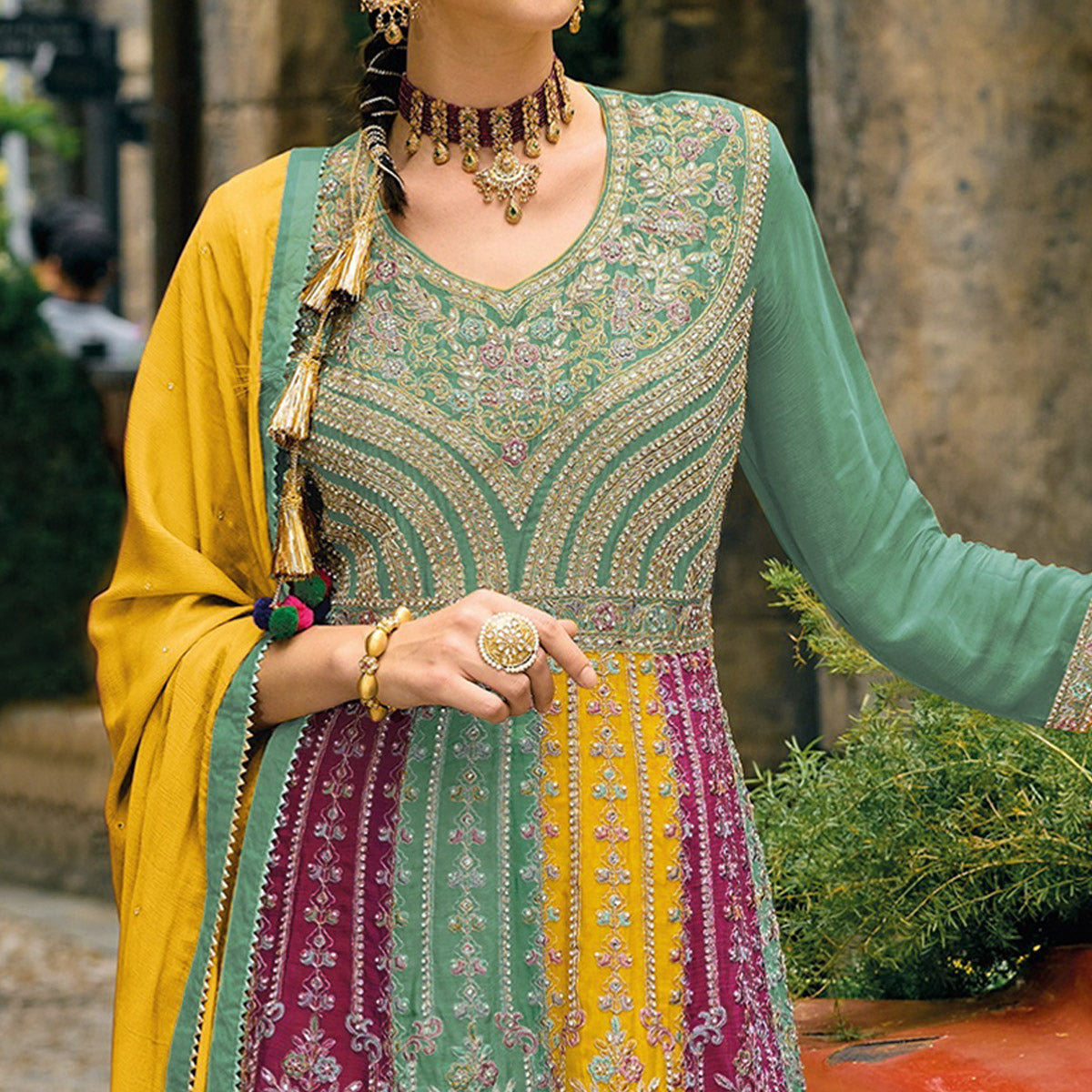 Green Embroidered Chinon Semi Stitched Sharara Suit